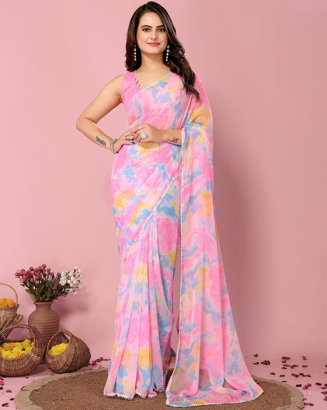 Pink Color Soft Georgette Ready to Wear Saree