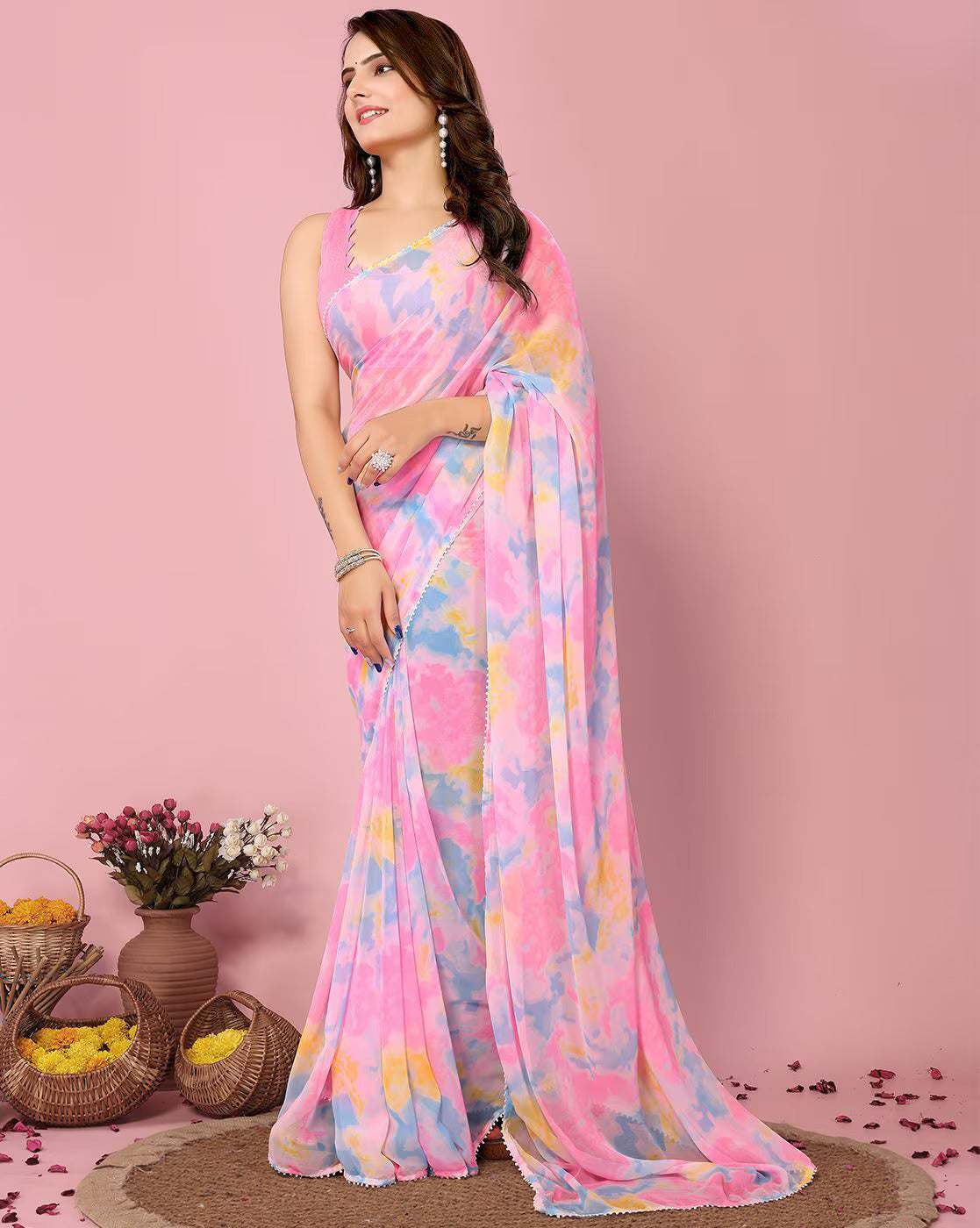 Pink Color Soft Georgette Ready to Wear Saree