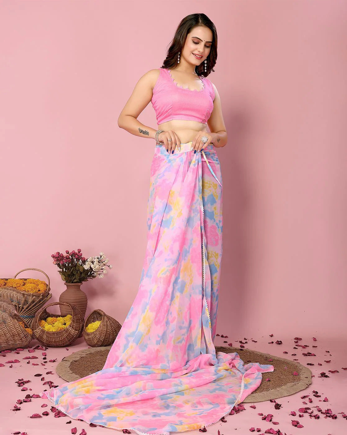 Pink Color Soft Georgette Ready to Wear Saree