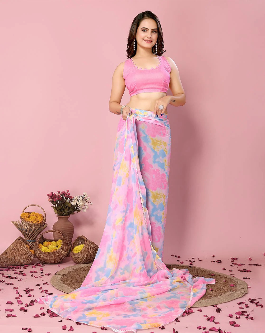 Pink Color Soft Georgette Ready to Wear Saree