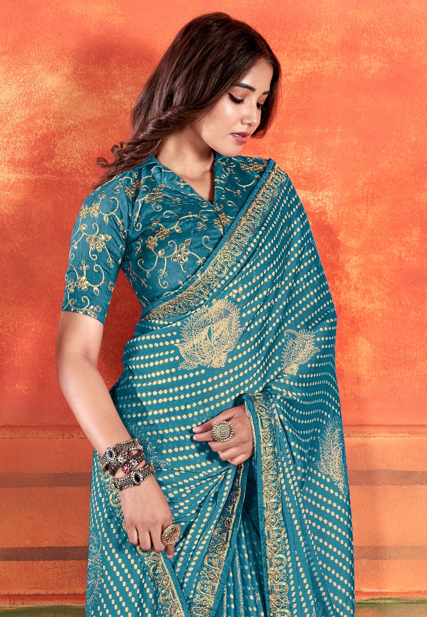 Juniper Blue Chiffon Saree With Embroidery Work