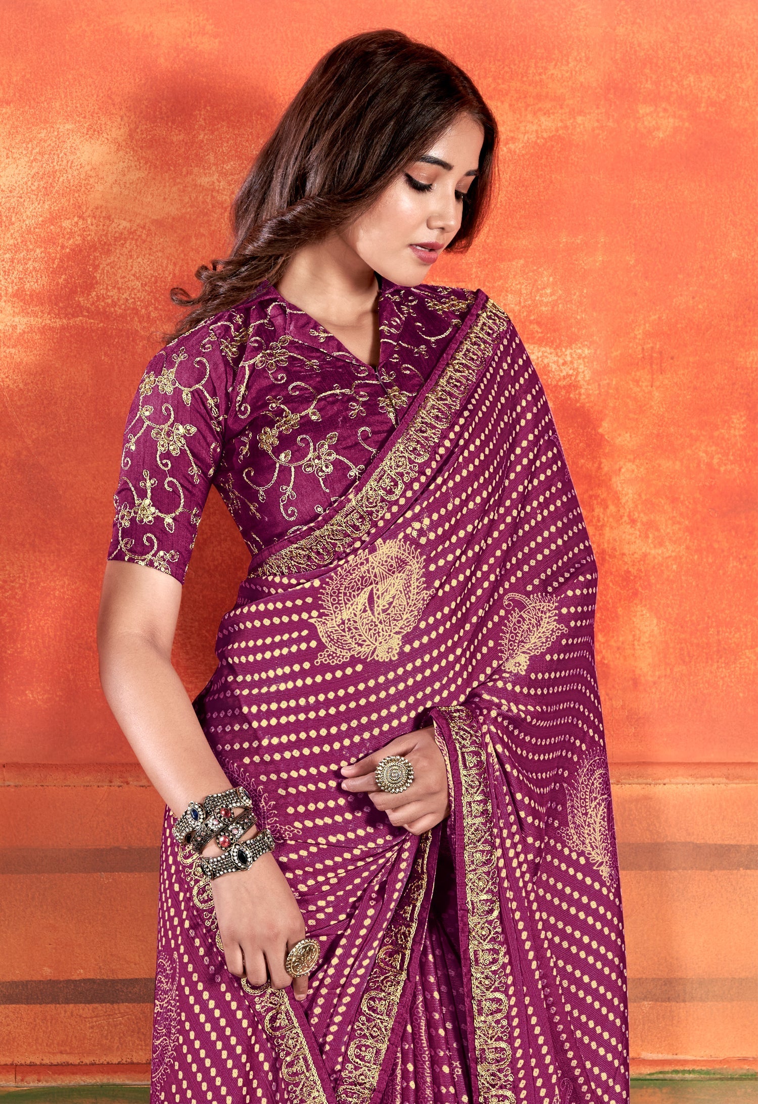 Tapestry Purple Chiffon Saree With Embroidery Work