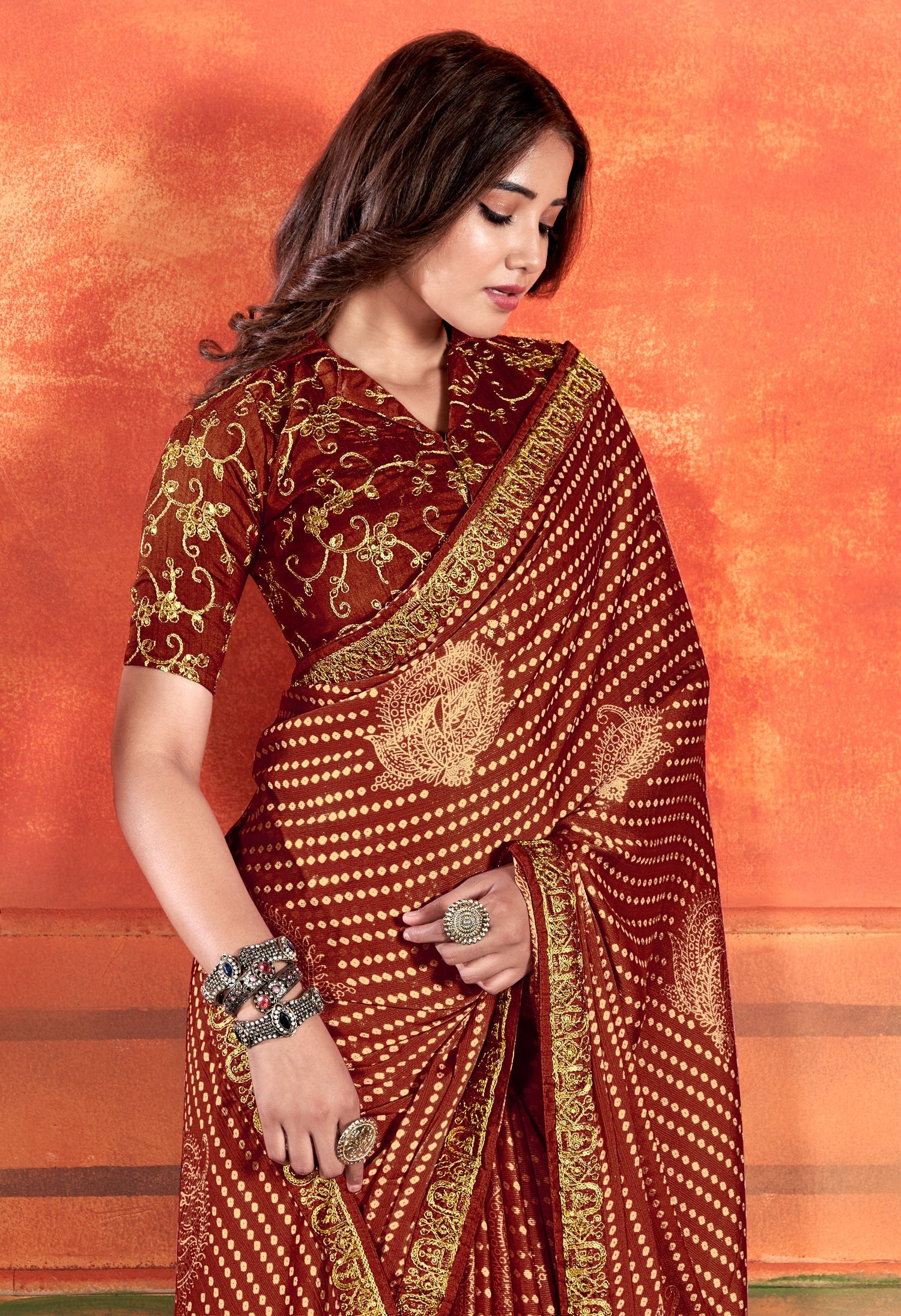 Sepia Skin Brown Chiffon Saree With Embroidery Work