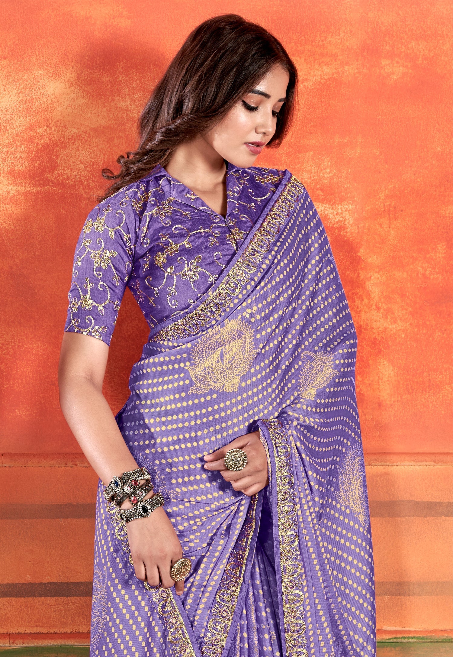 Purple Mountains Majesty Chiffon Saree With Embroidery Work