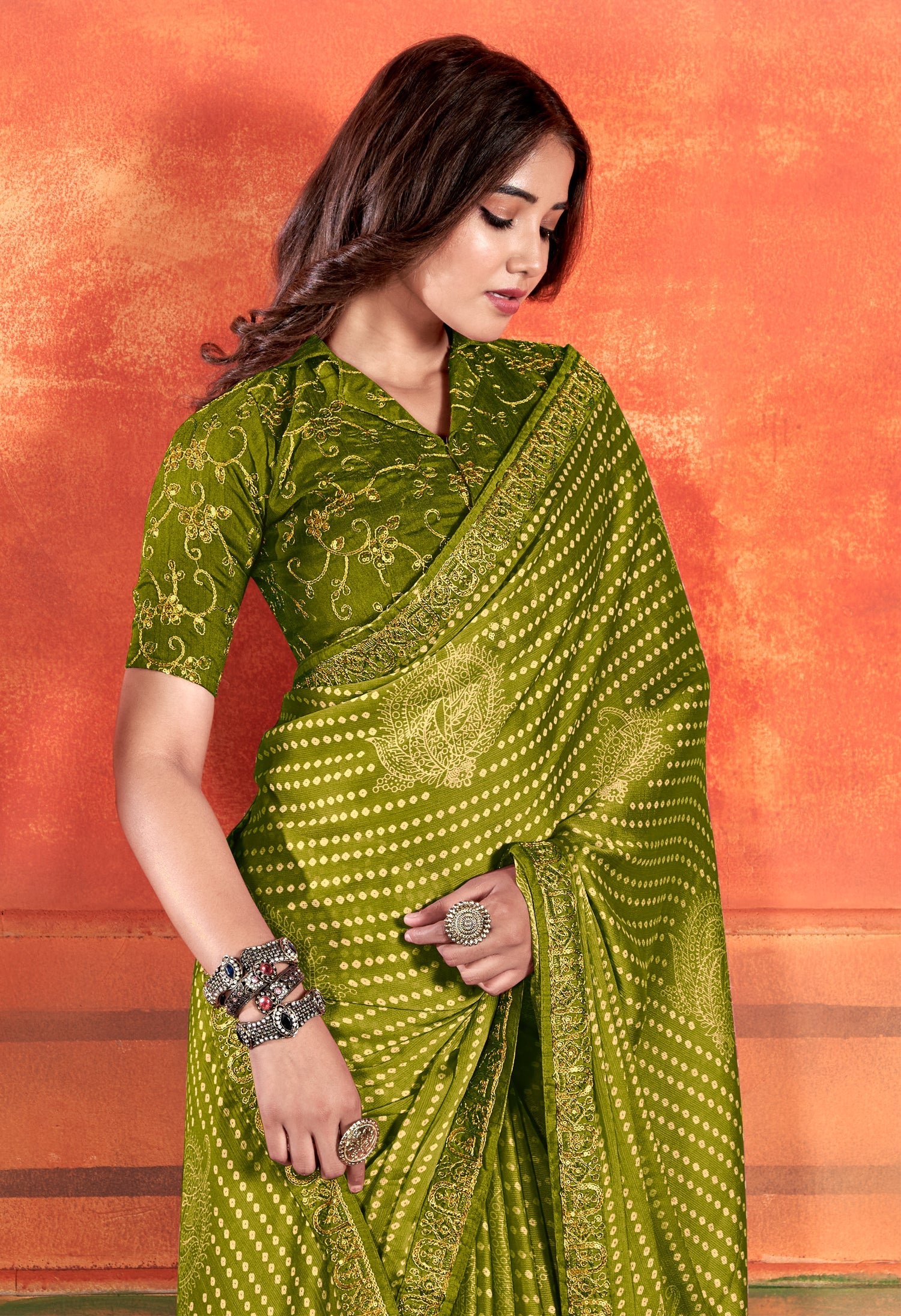 Corn Harvest Green Chiffon Saree With Embroidery Work