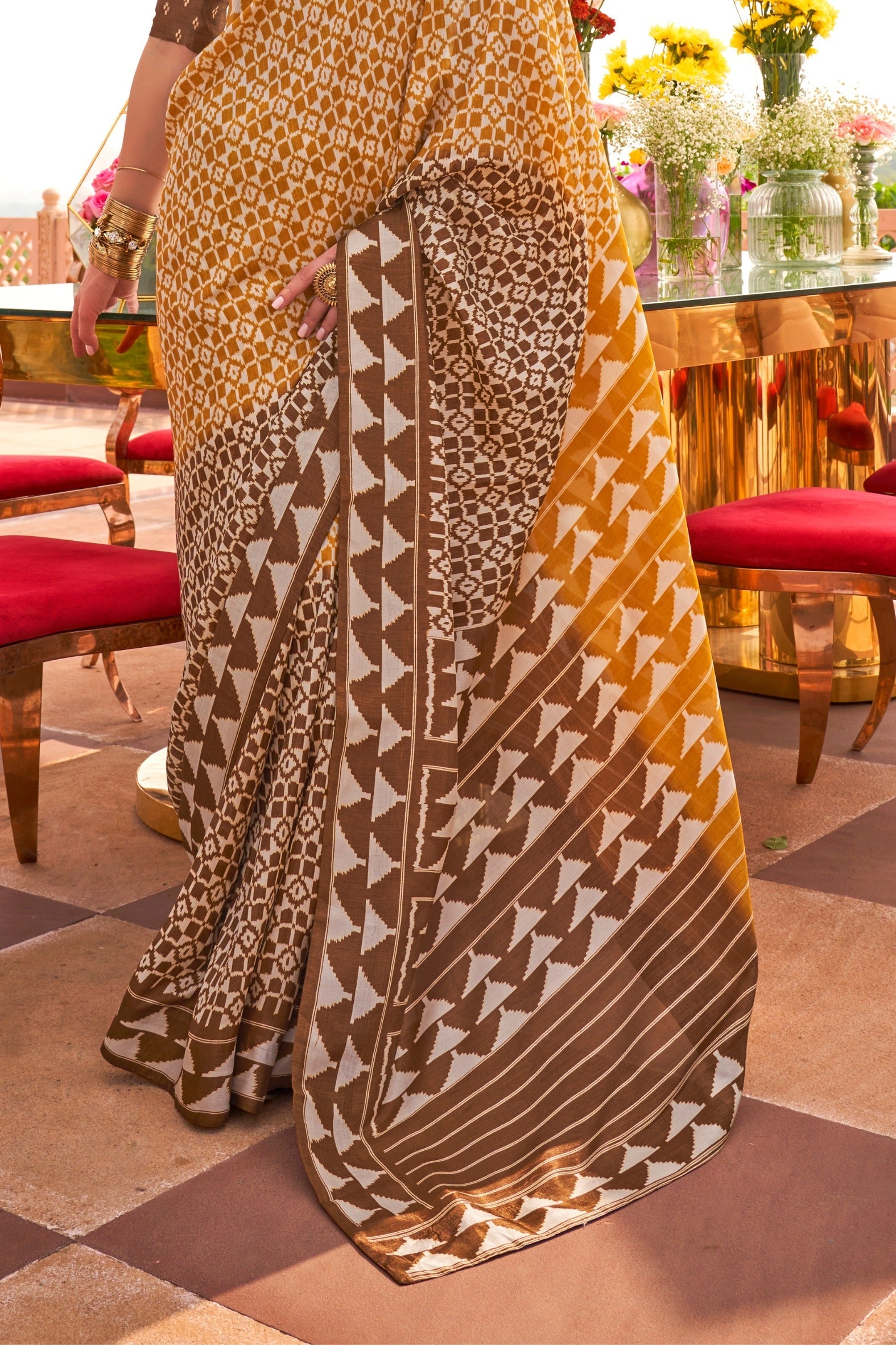 Pale Copper Yellow Printed Patola Saree