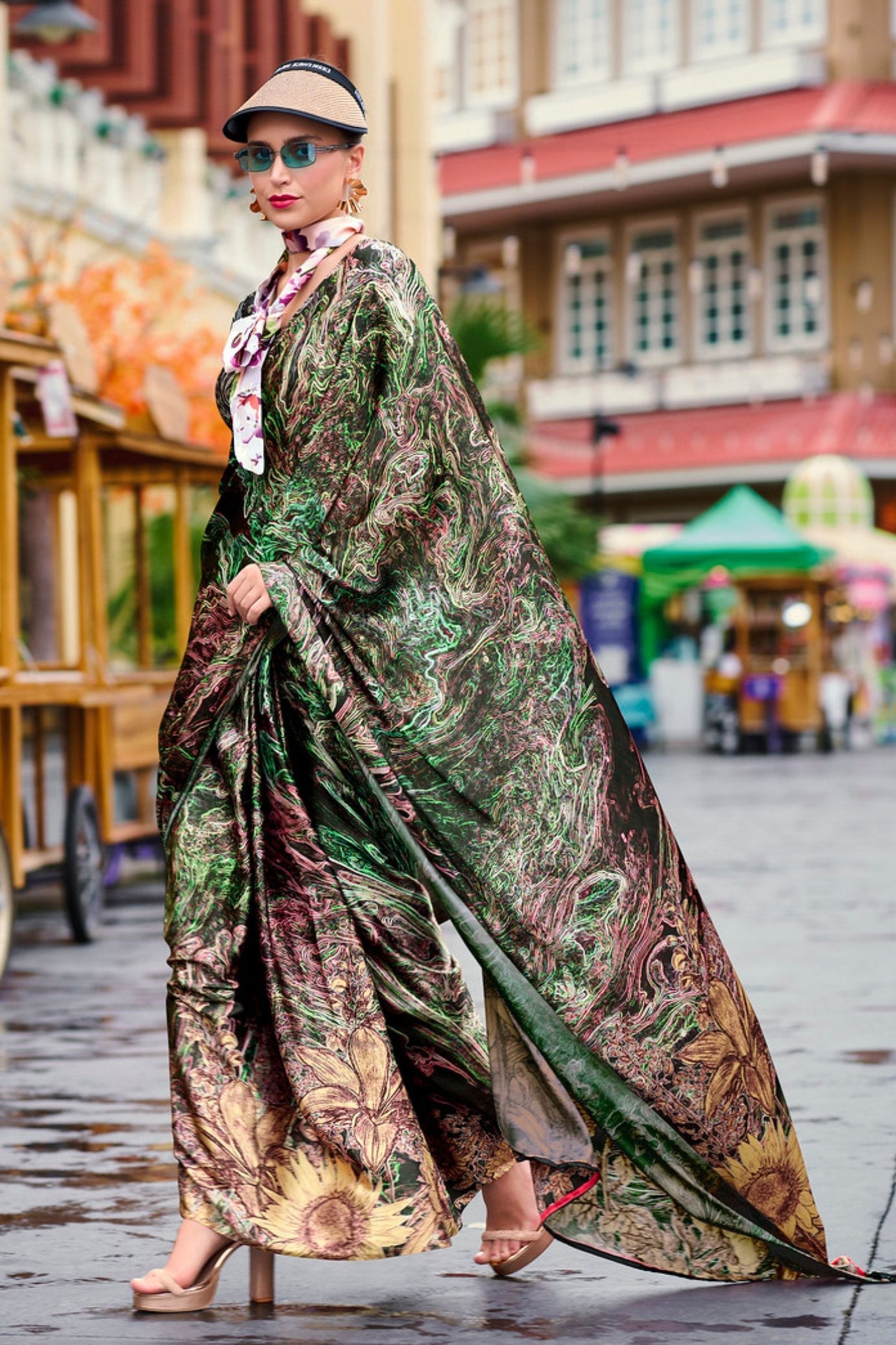 Axolotl Green Printed Satin Crepe Silk Saree