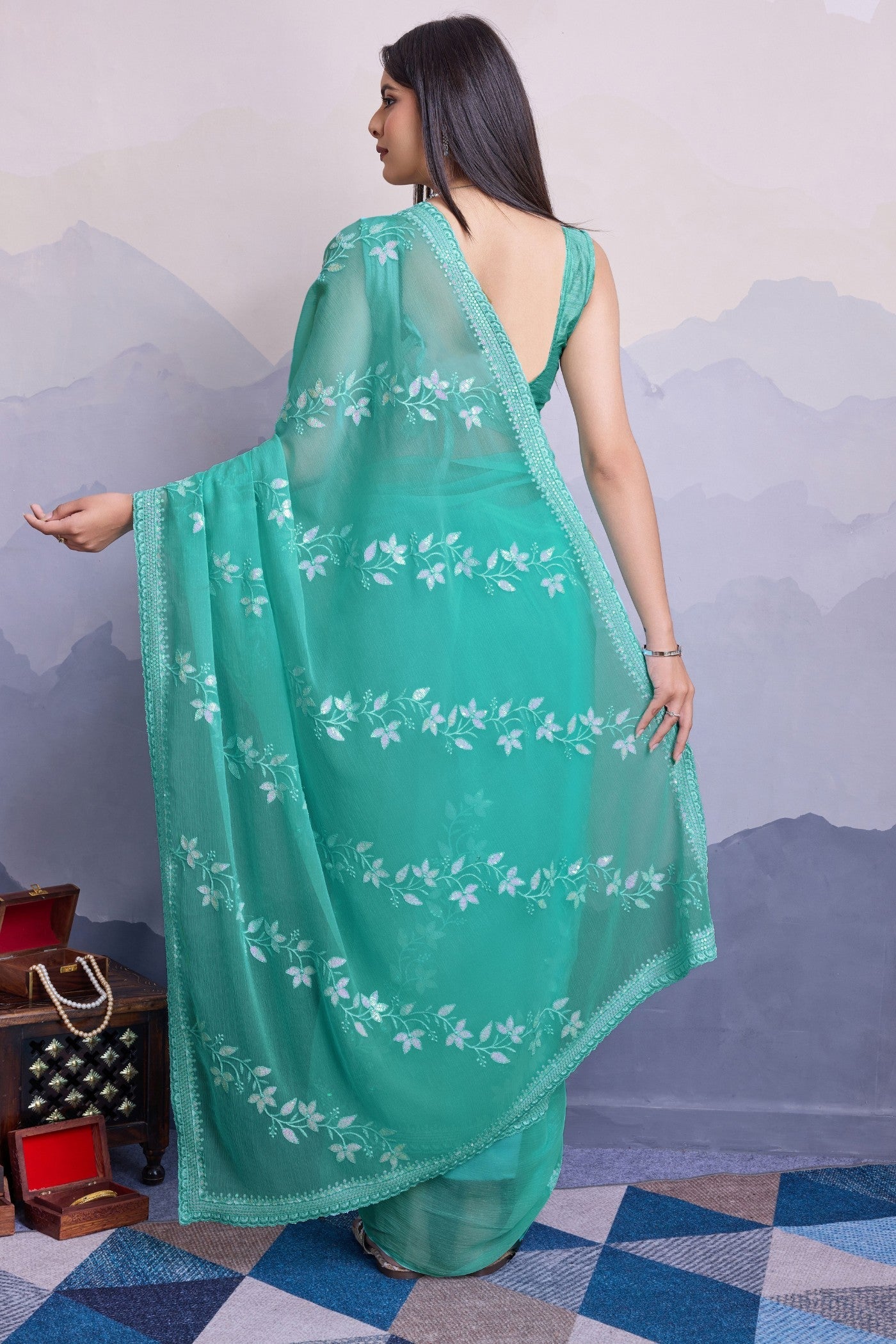 Fancy Green Embroidered Designer Chiffon Saree