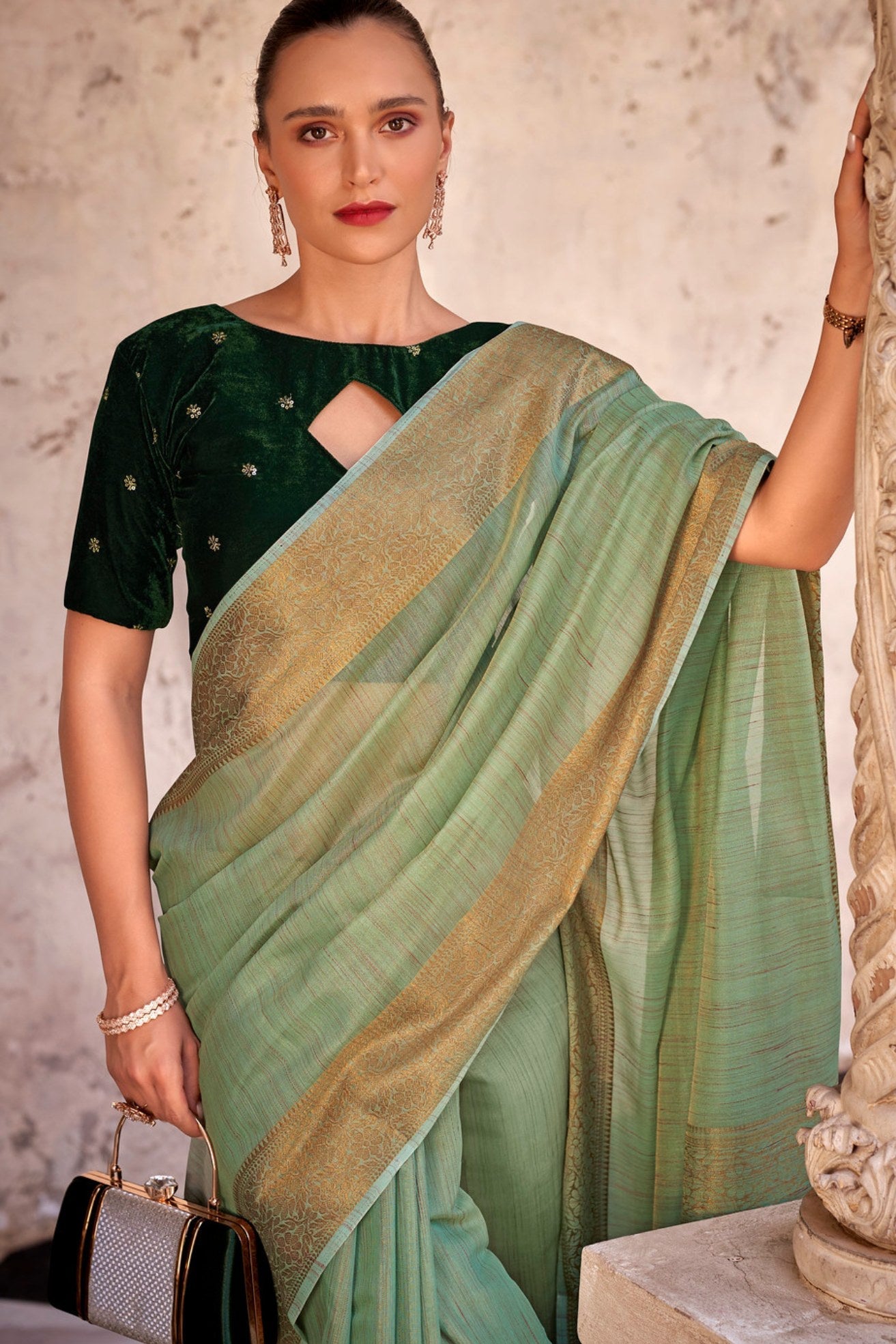 Axolotl Green Zari Woven Linen Saree