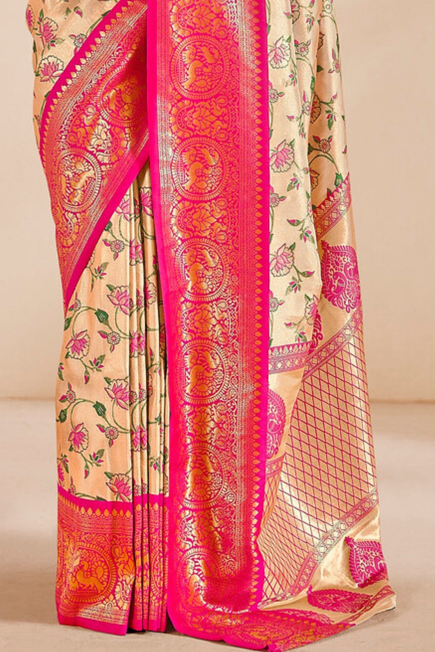 Negroni Cream and Pink Zari Woven Banarasi Saree