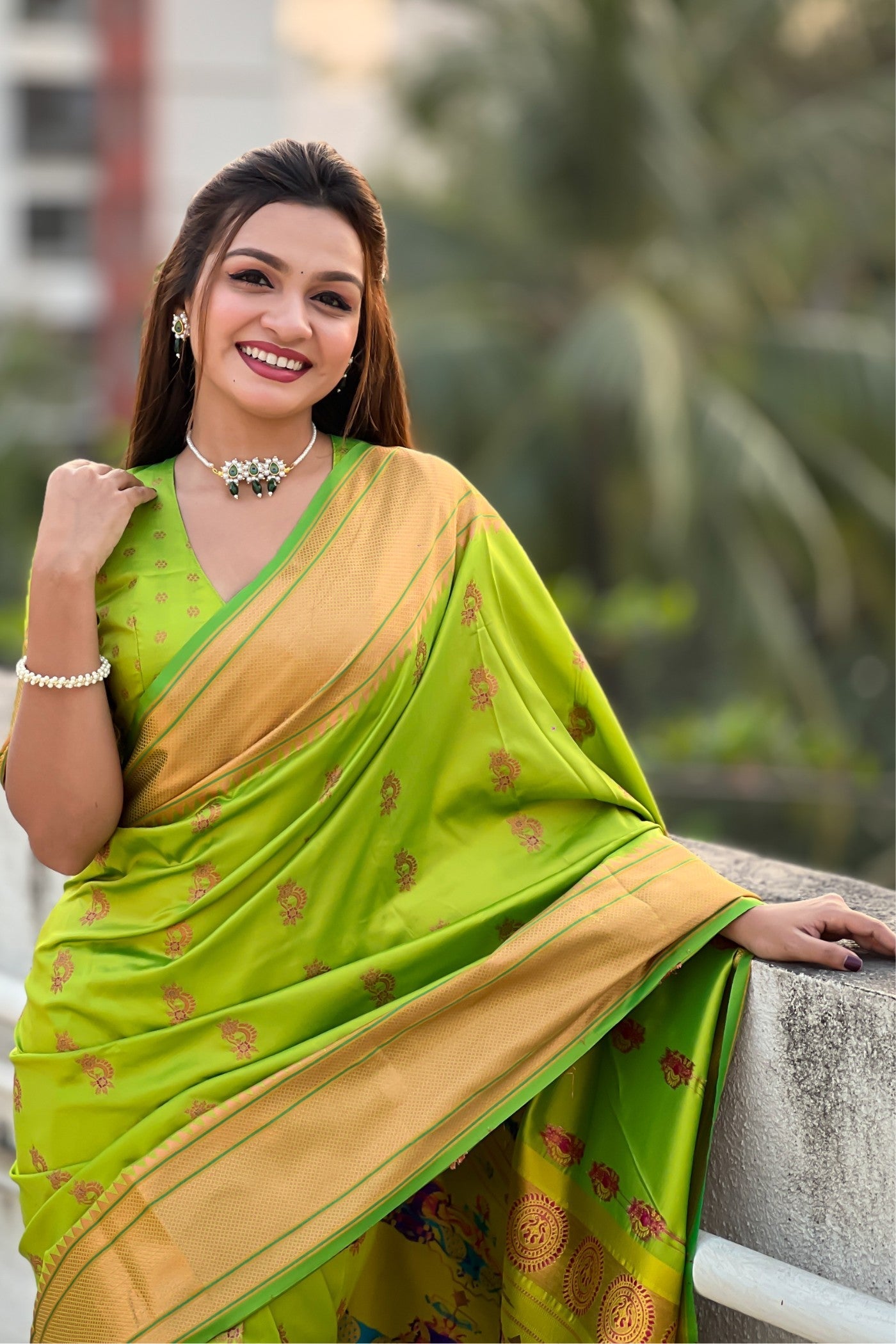 Parrot Green Zari Woven Nath Paithani Saree