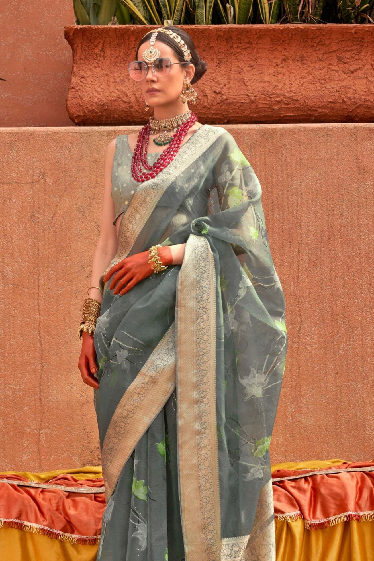 Oslo Grey Zari Woven Organza Saree