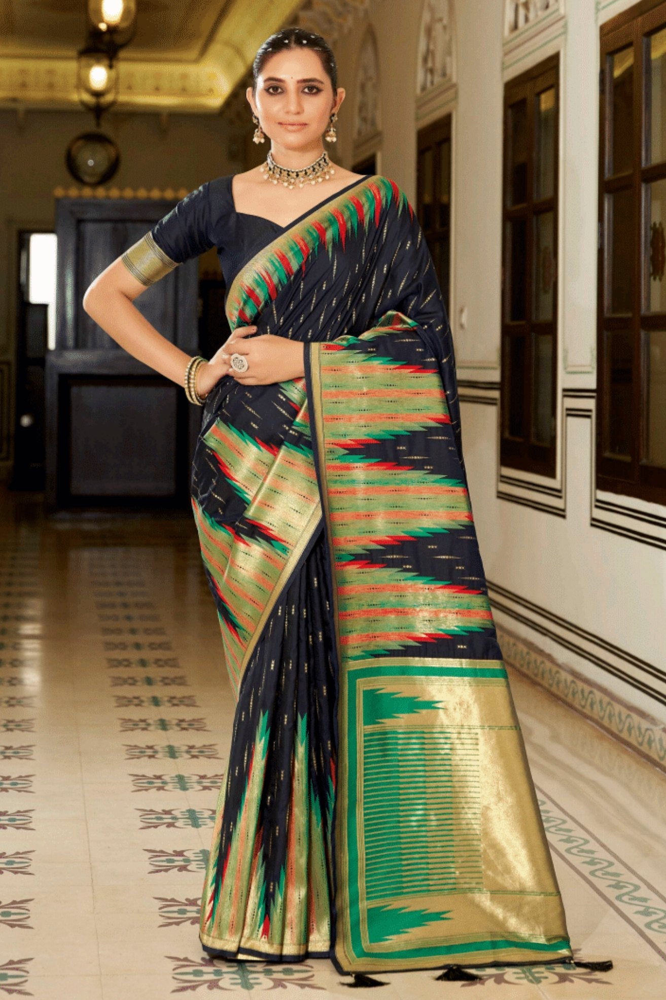 Ink Black Woven Tussar Silk Saree