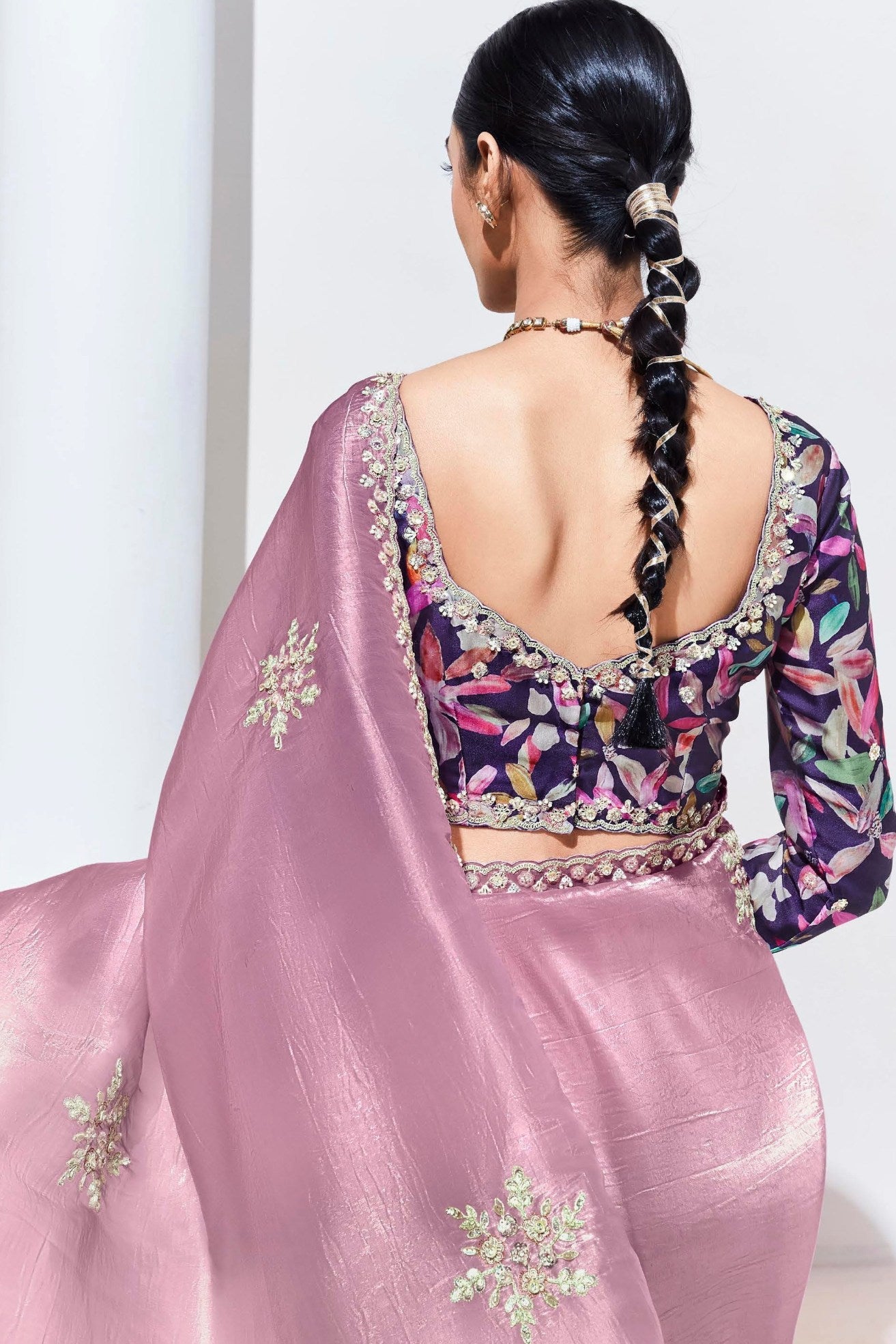 Careys Pink Tissue Organza Designer Partywear Saree