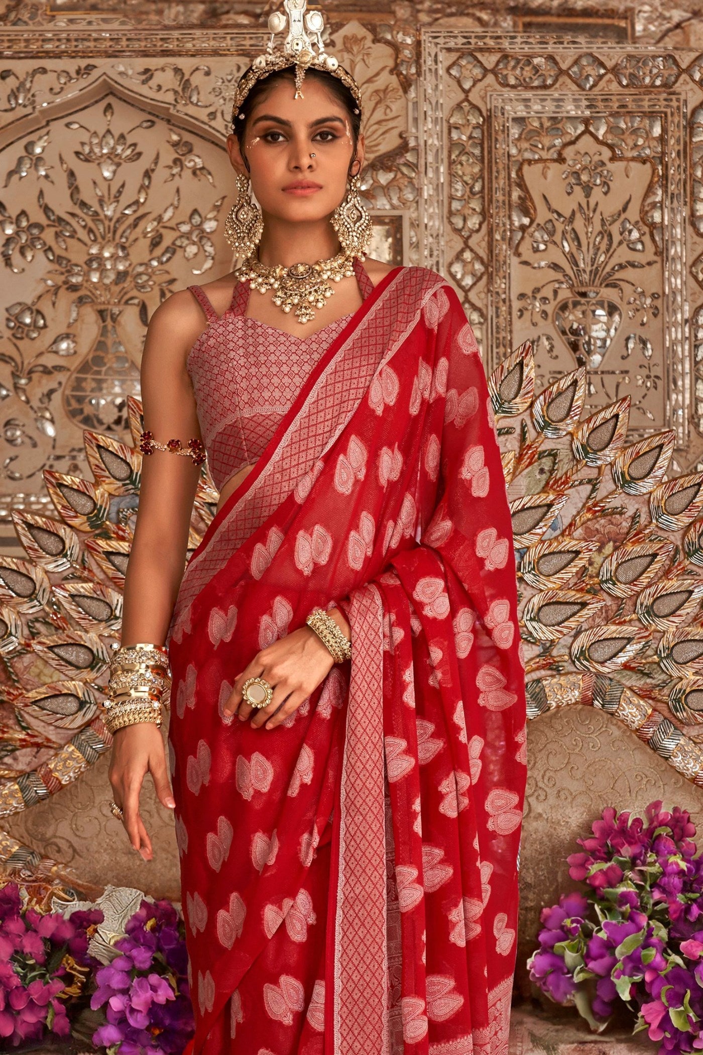 Chilli Red Zari Woven Georgette Saree