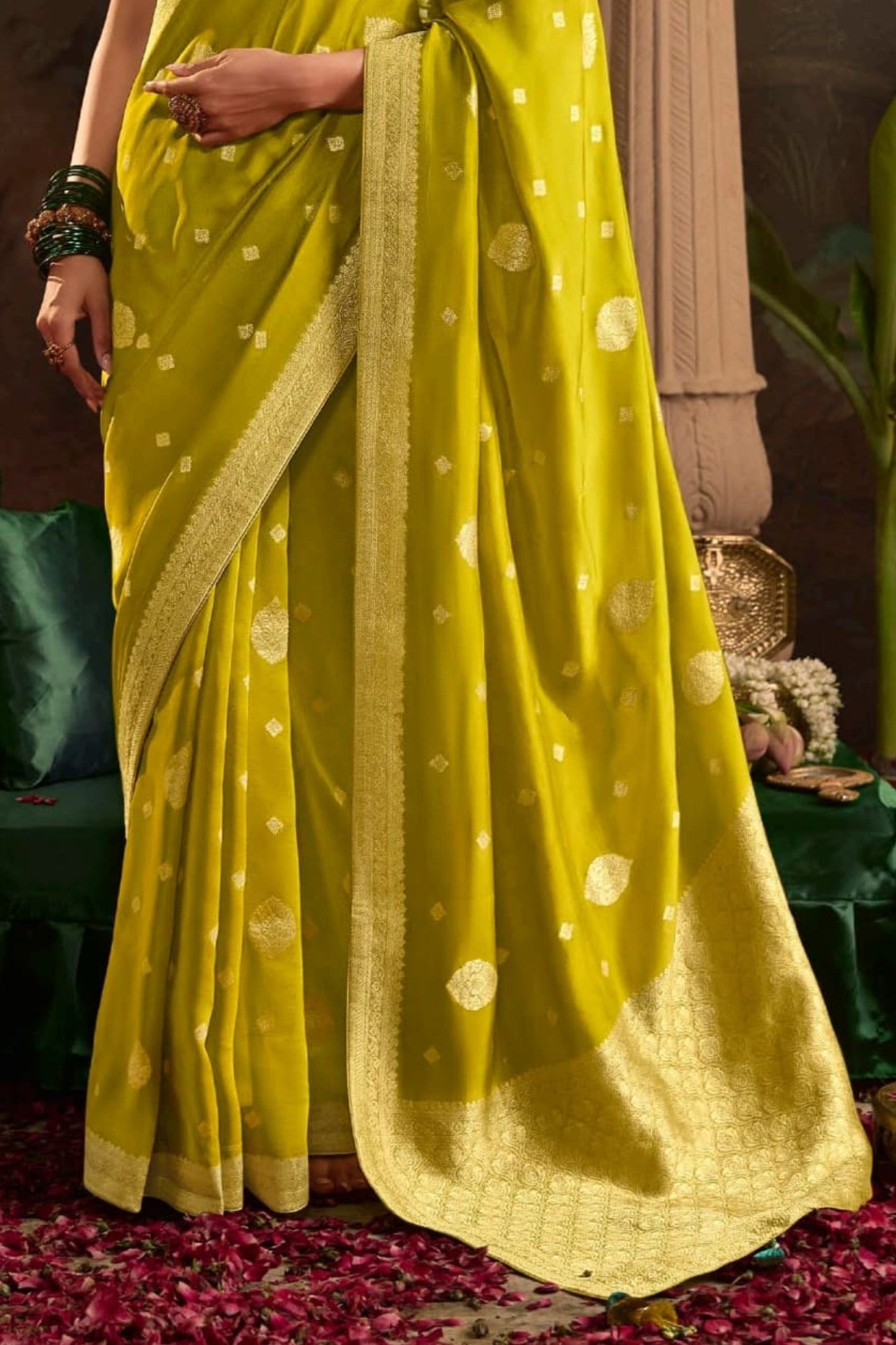 Alpine Yellow Designer Banarasi Dola Silk Saree