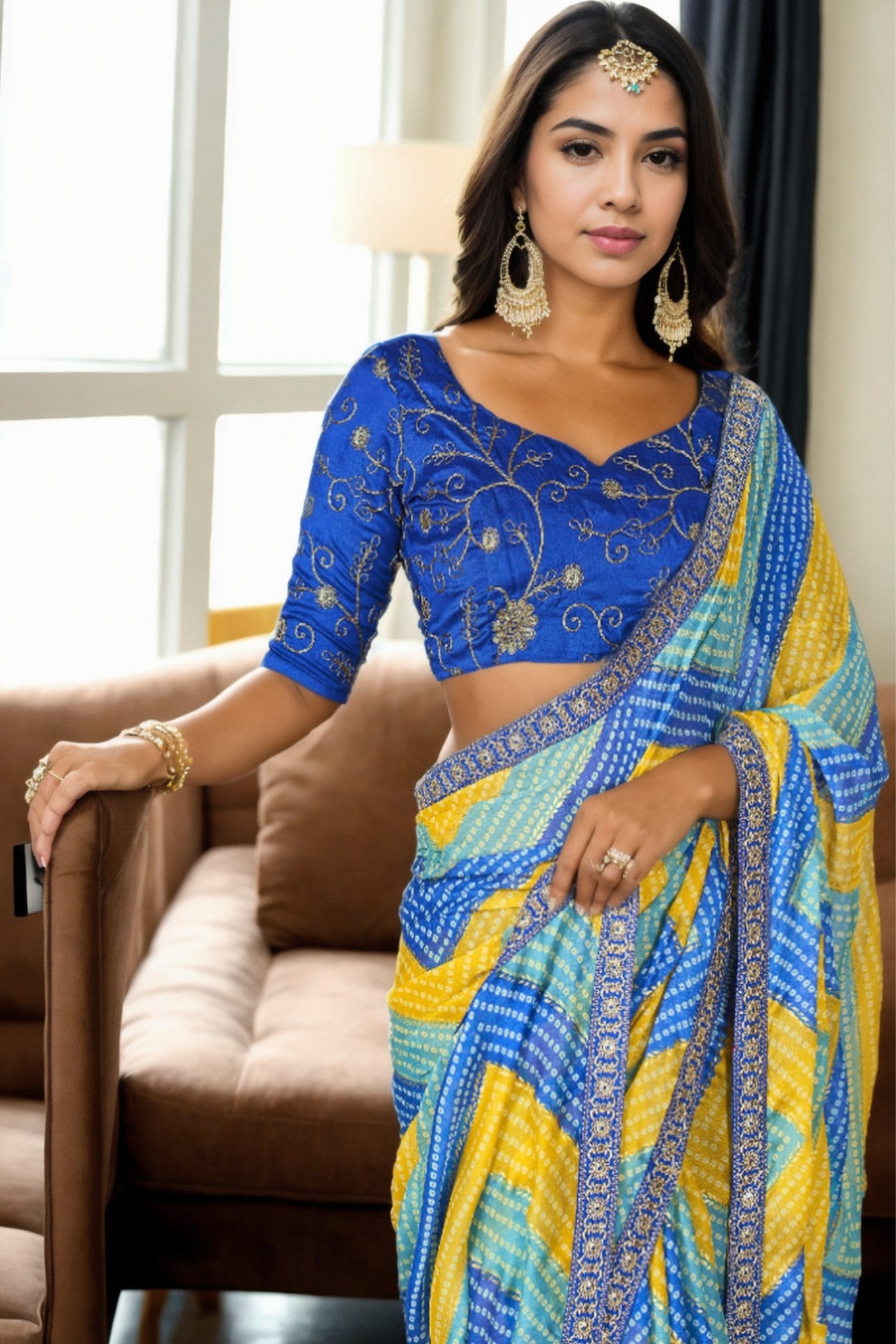 Azure Blue and Yellow Bandhani Digital Printed Silk Saree