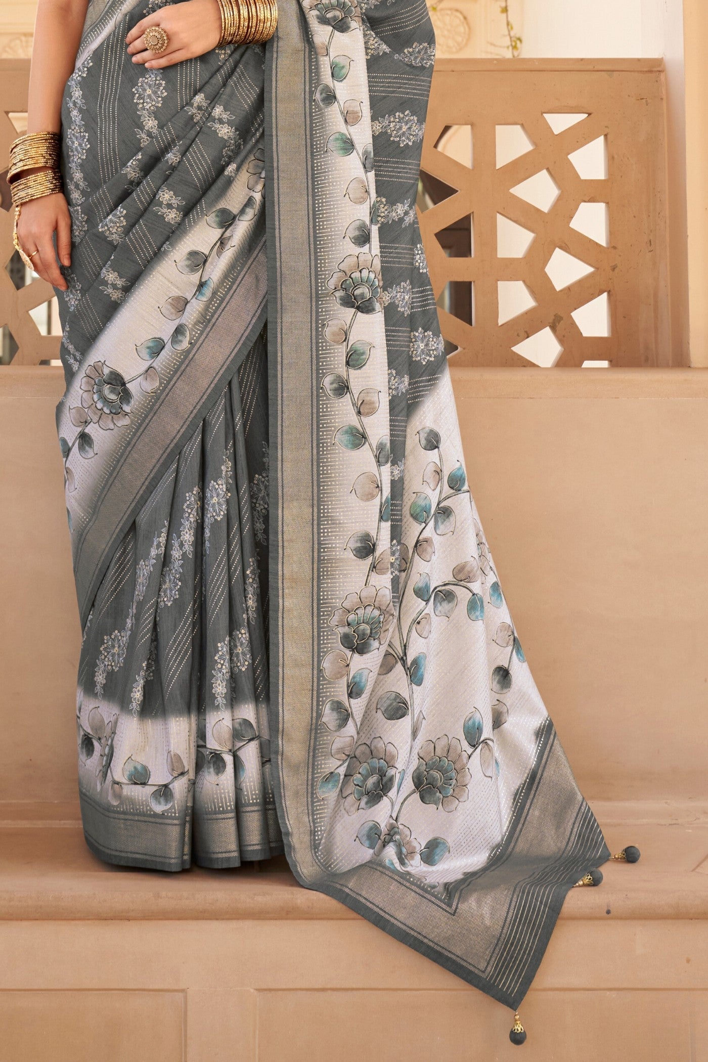 Ironside Grey Floral Printed Banarasi Saree