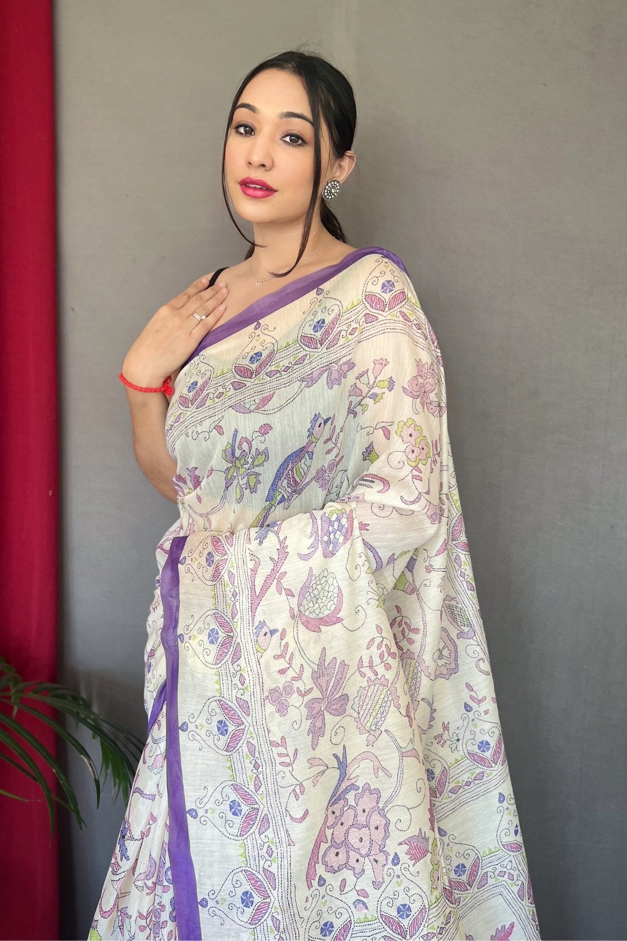 Lily Purple and White Printed Cotton Saree