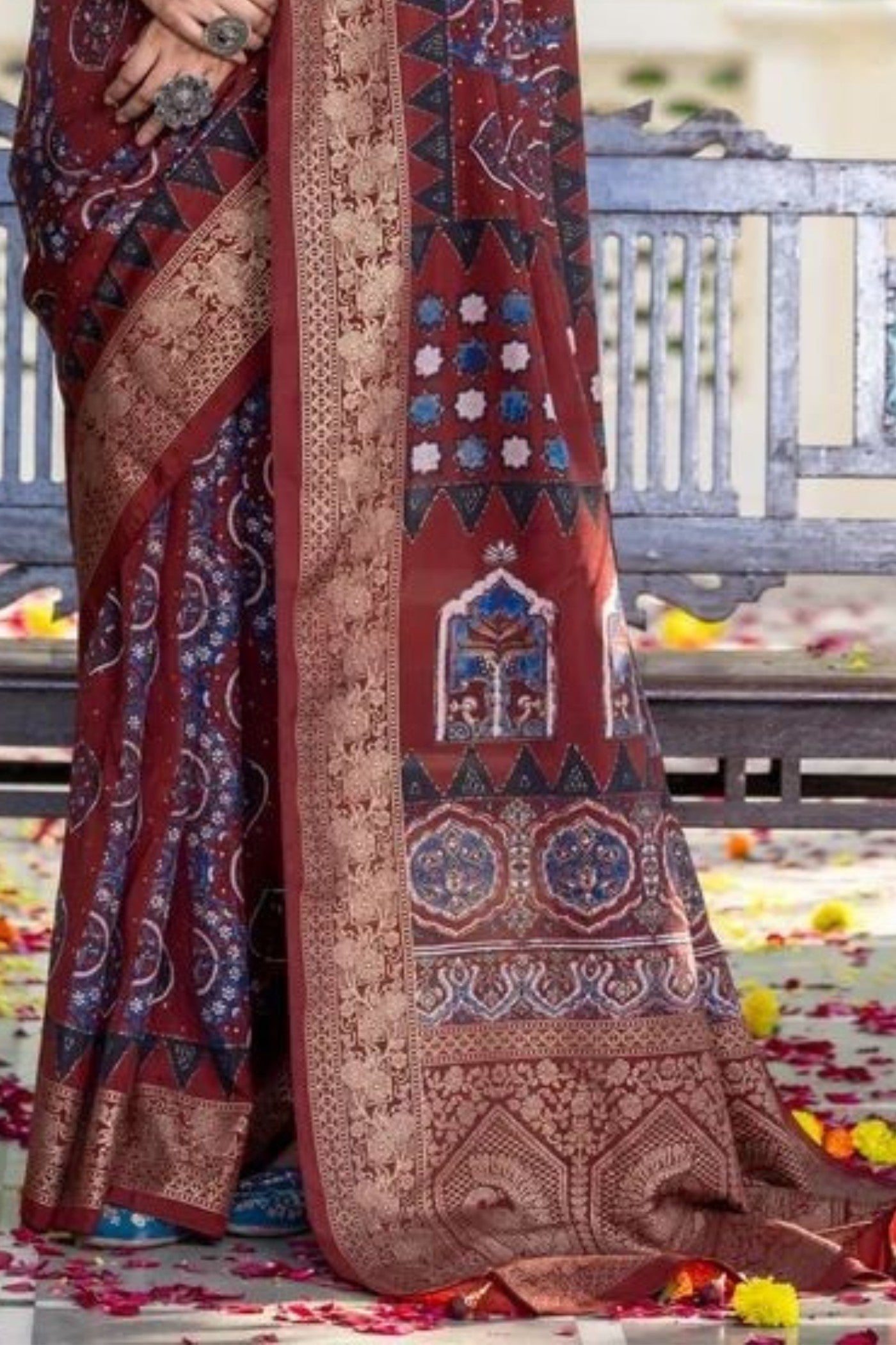 Walnut Brown Ajrakh Digital Printed Satin Saree