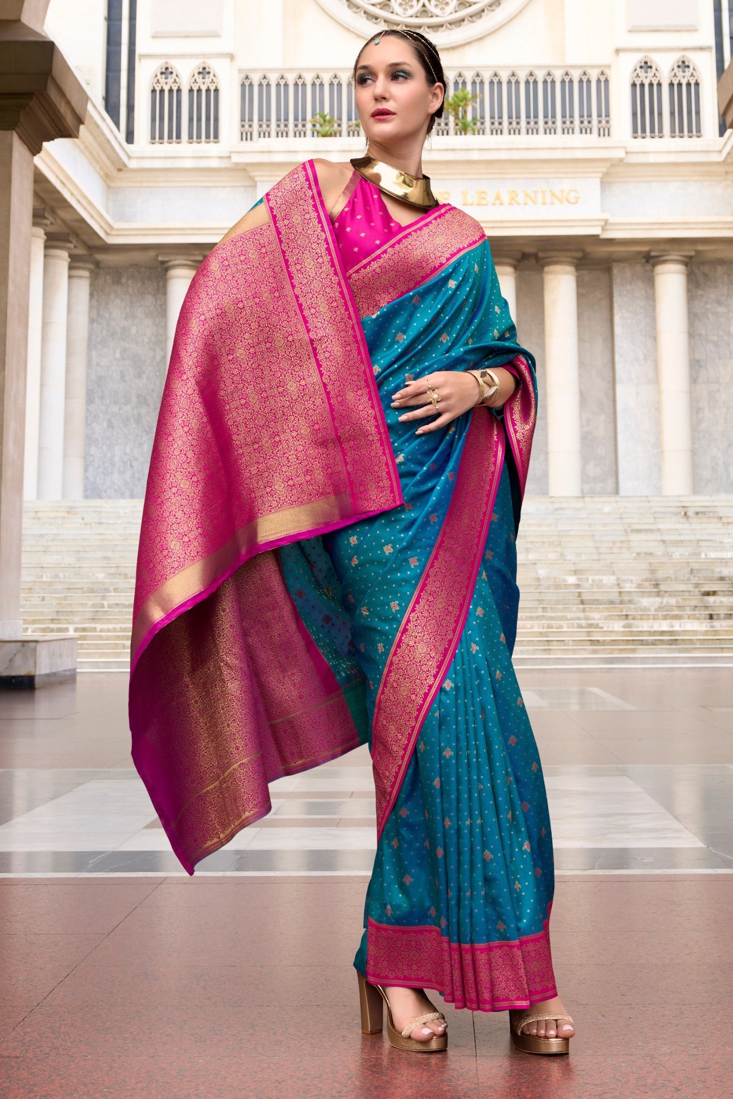 Metallic Blue Zari Woven Banarasi Soft Silk Saree