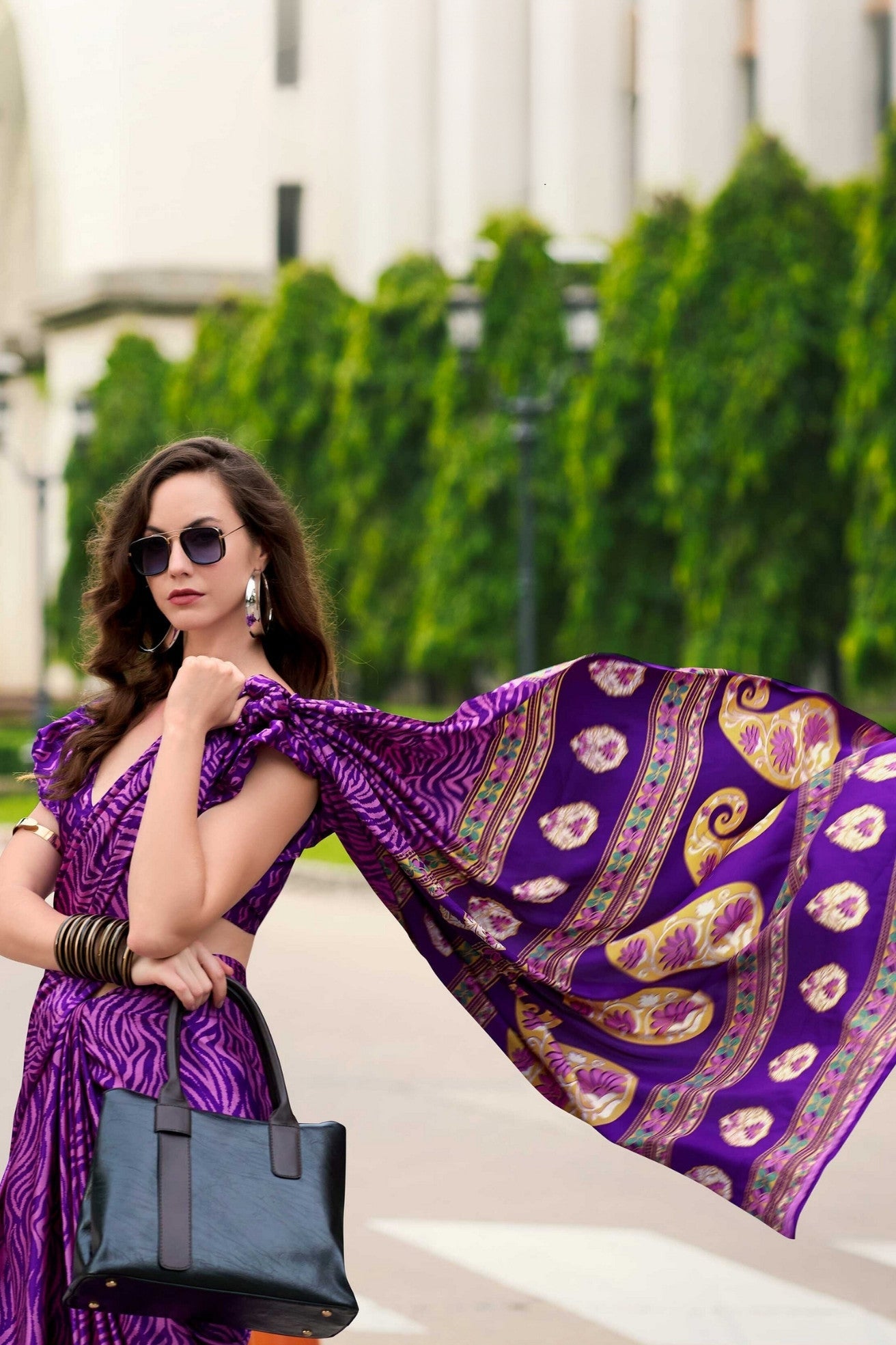 Violet Purple Printed Satin Crepe Saree