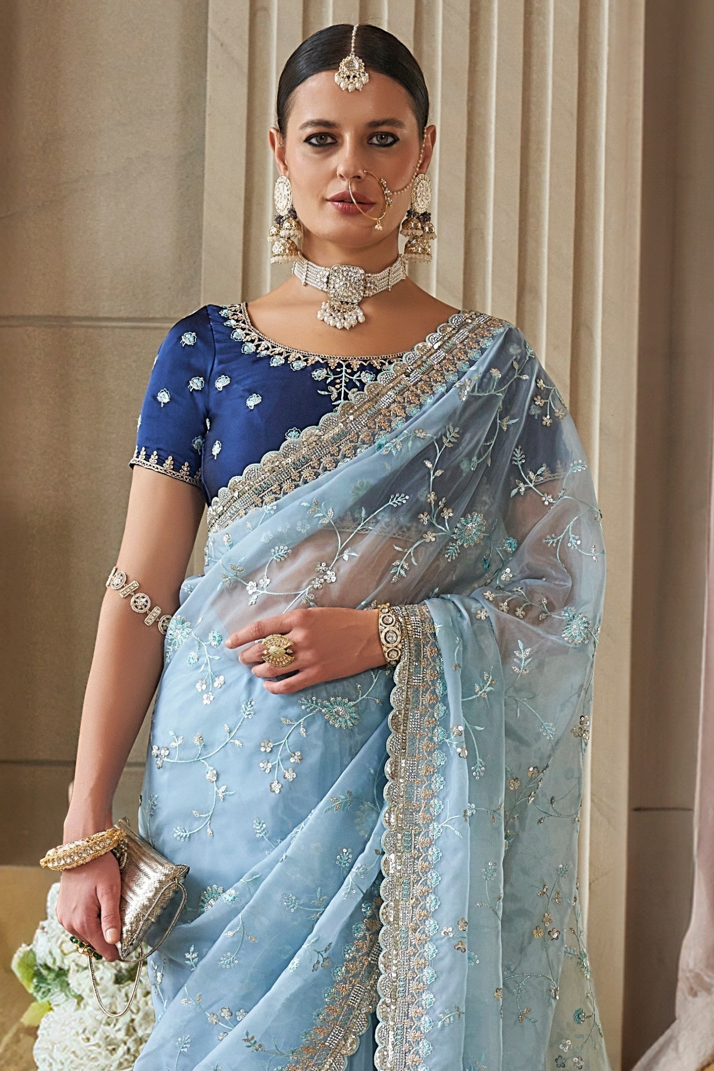 Nepal Blue Tissue Designer Saree