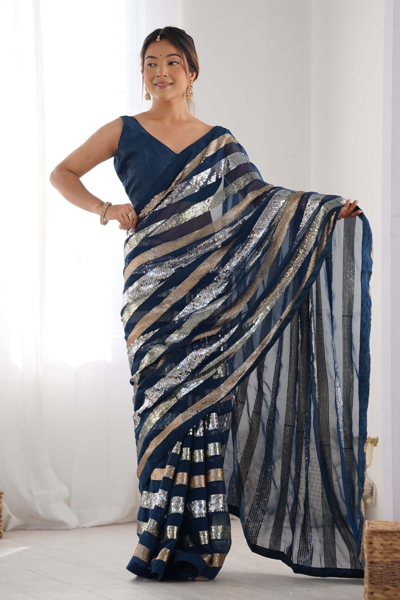 Mirage Blue Georgette Partywear Saree