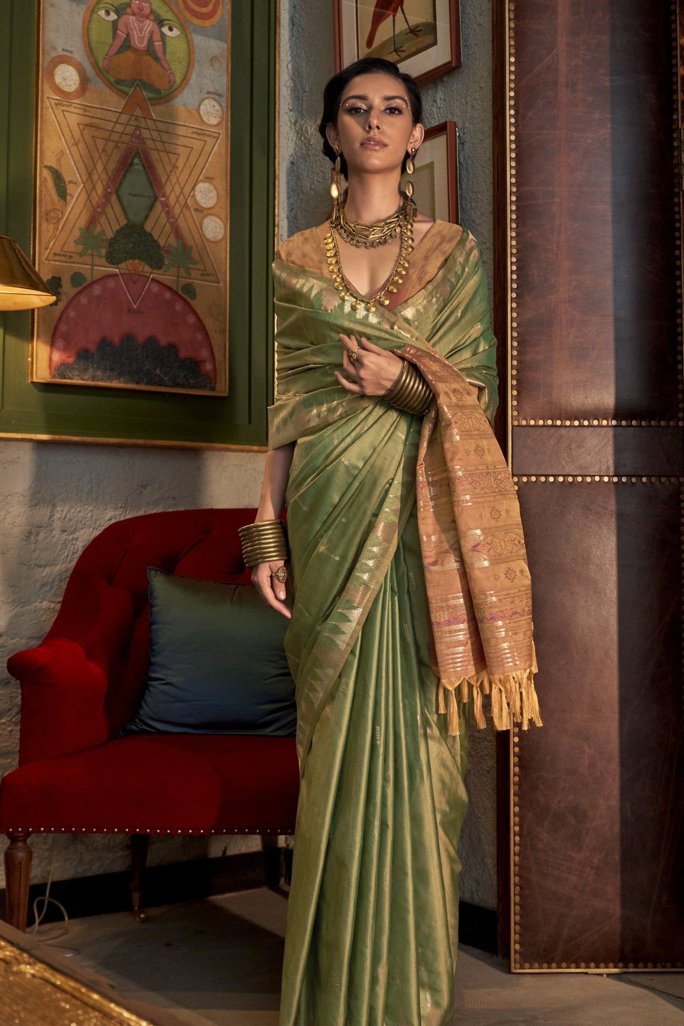 Mineral Green Woven Linen Saree