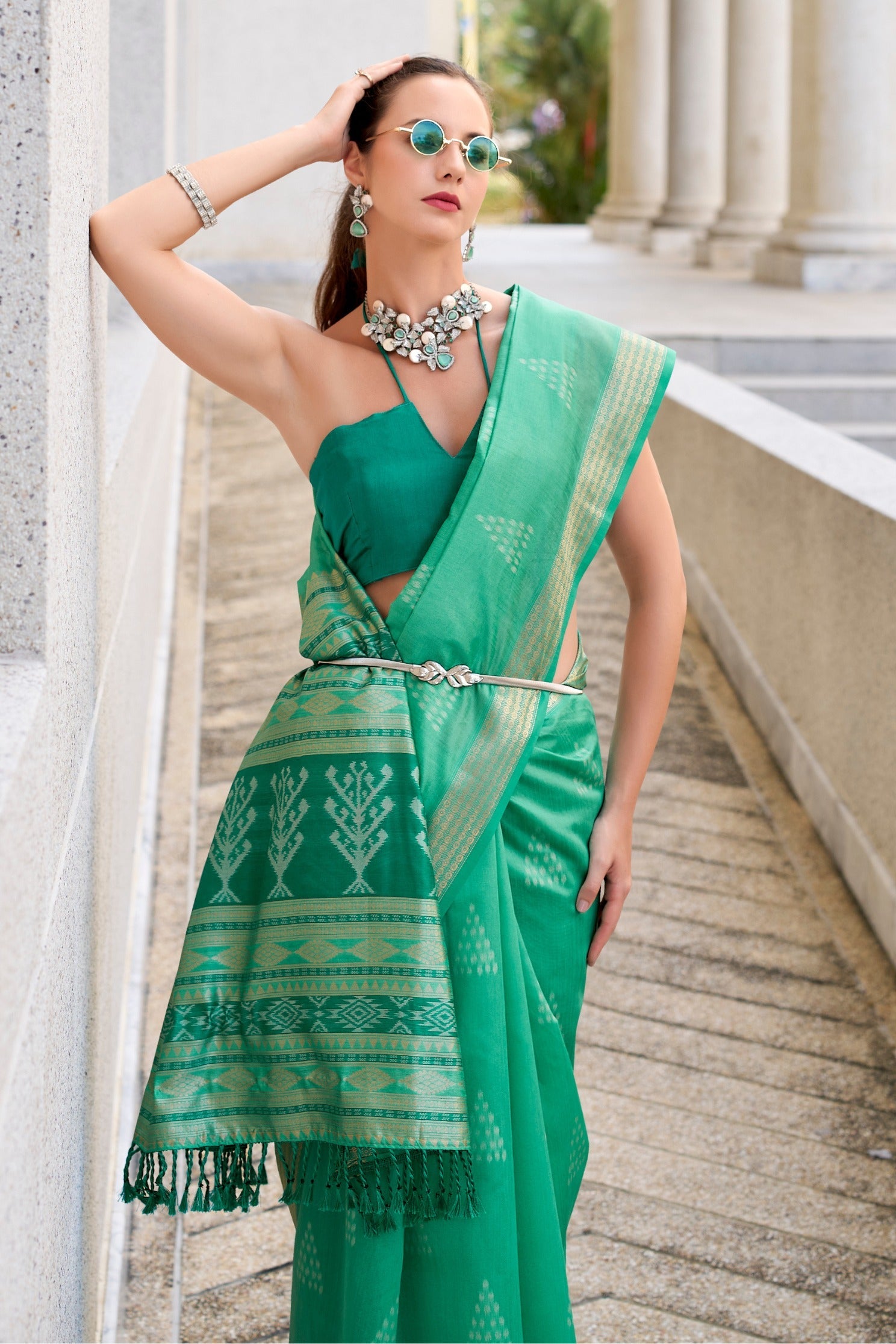 Funk Green Ikkat Woven Banarasi Saree