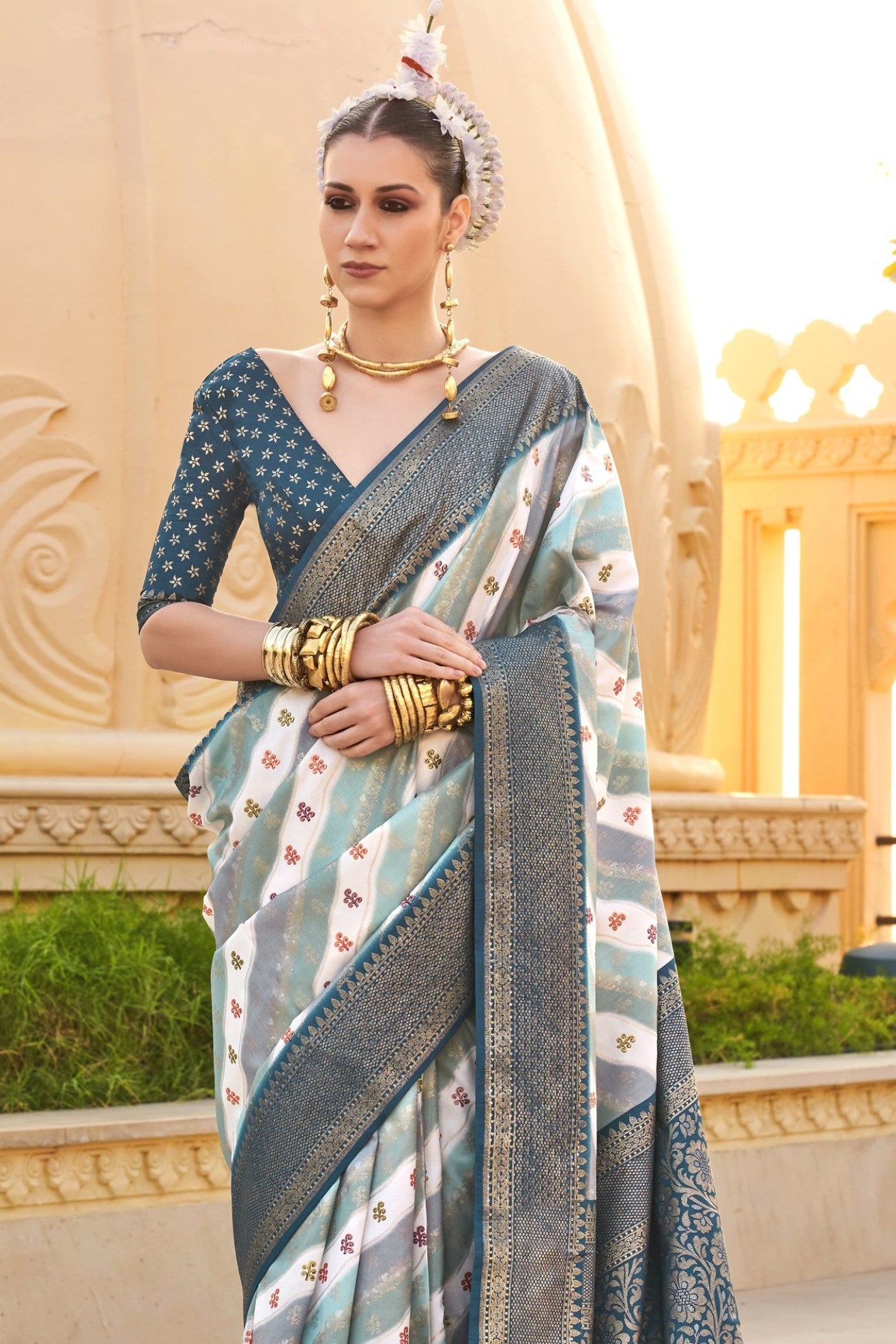 Corduroy Grey Woven Patola Printed Silk Saree