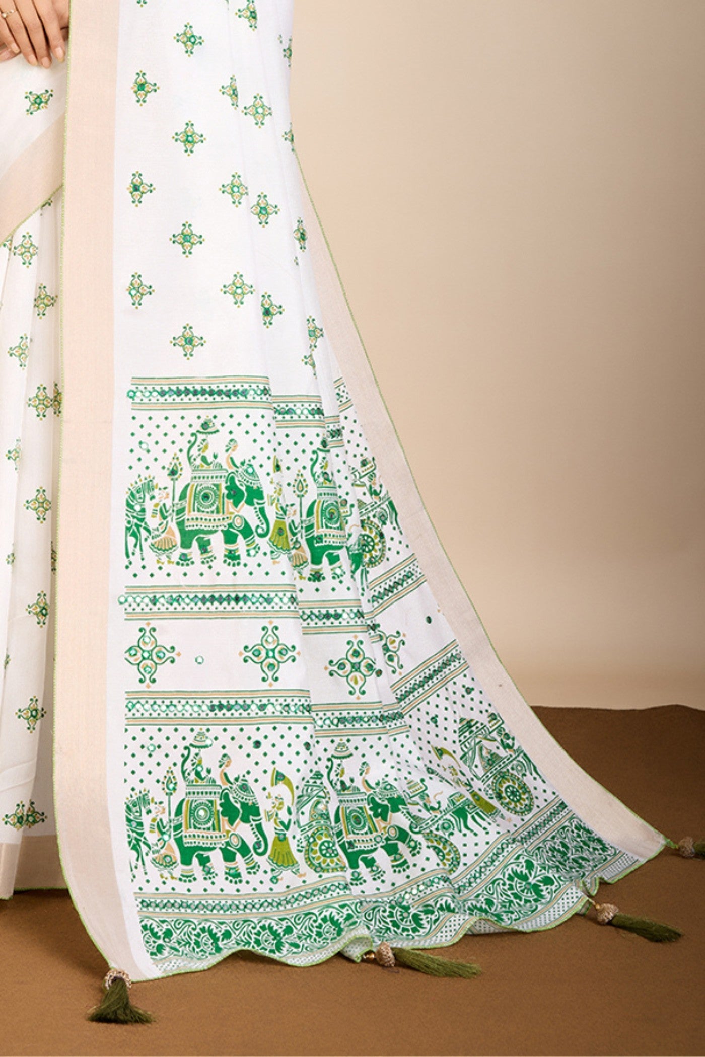 Pearl White and Green Printed Cotton Designer Saree