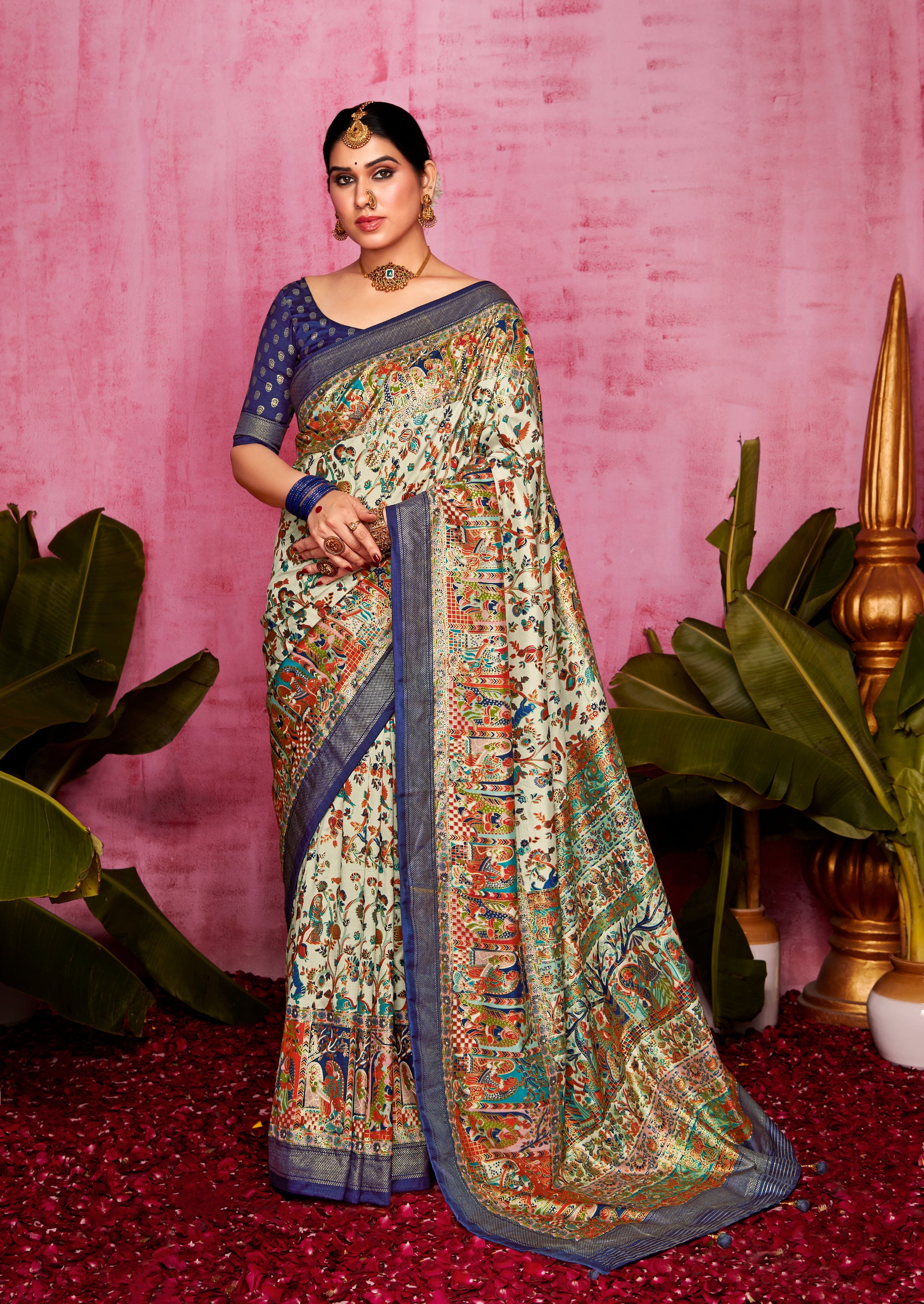 Sapling Cream and Blue Patola Soft Silk Saree