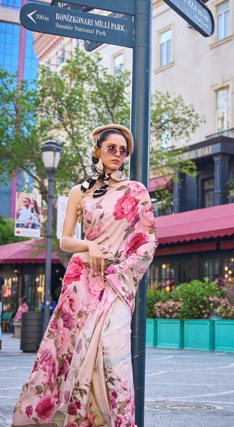 Roman Pink Printed Handloom Satin Saree