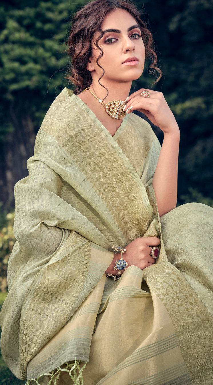 Olive Green Linen Tissue Saree