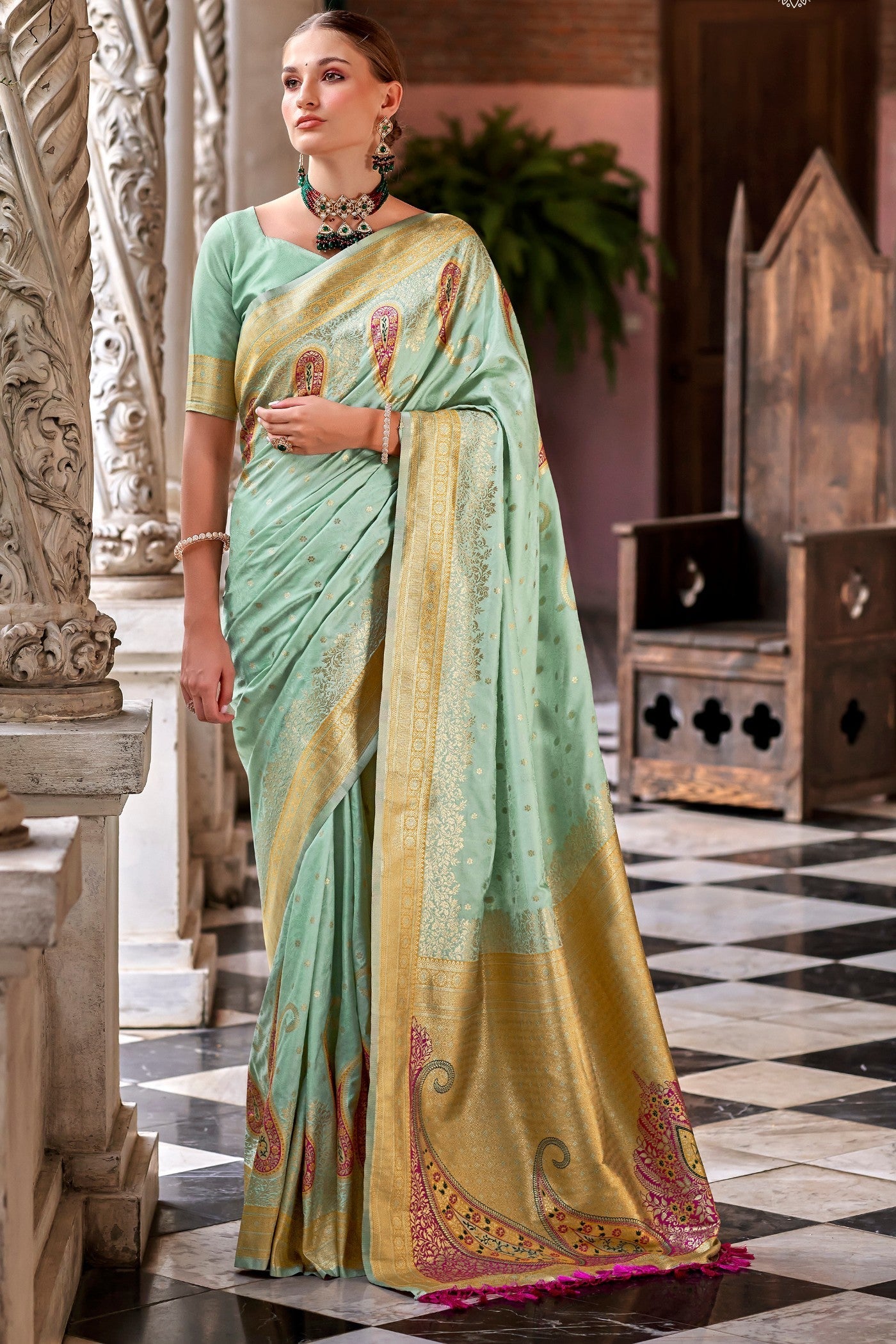 Pine Green Banarasi Soft Silk Saree