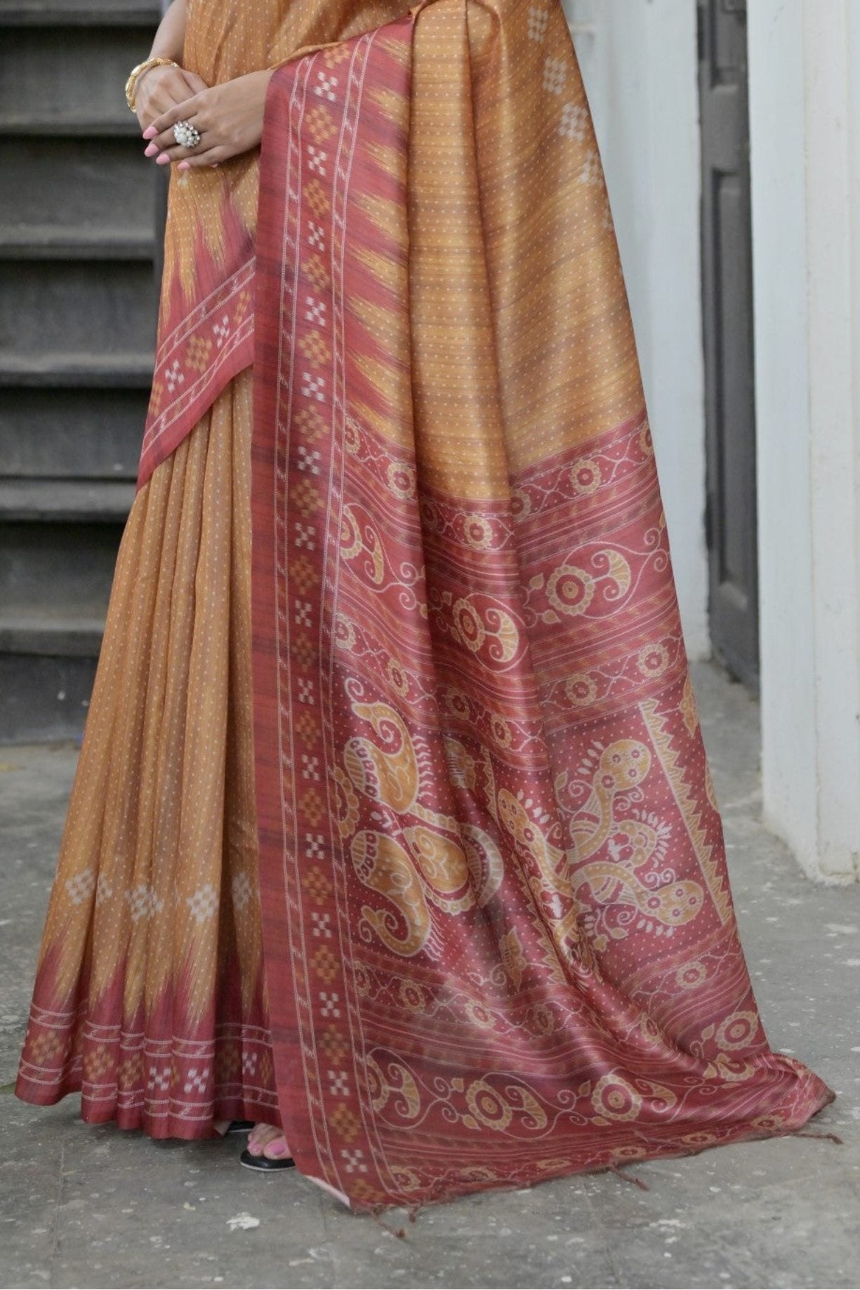 Twine Yellow Printed Tussar Silk Saree