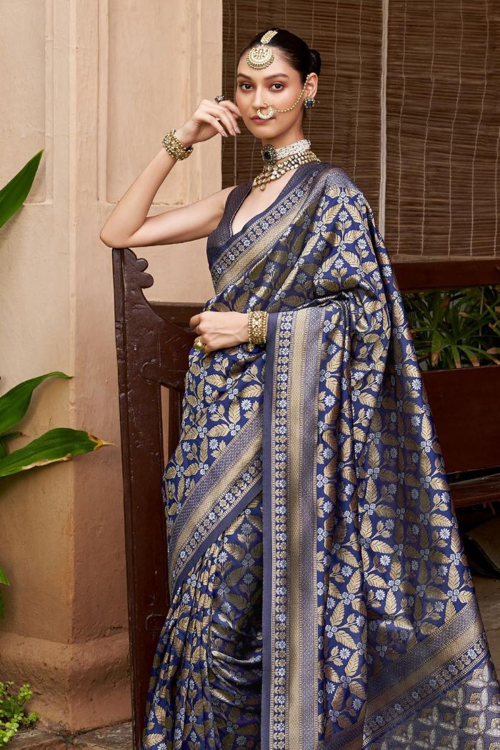 Navy Blue Woven Banarasi Saree