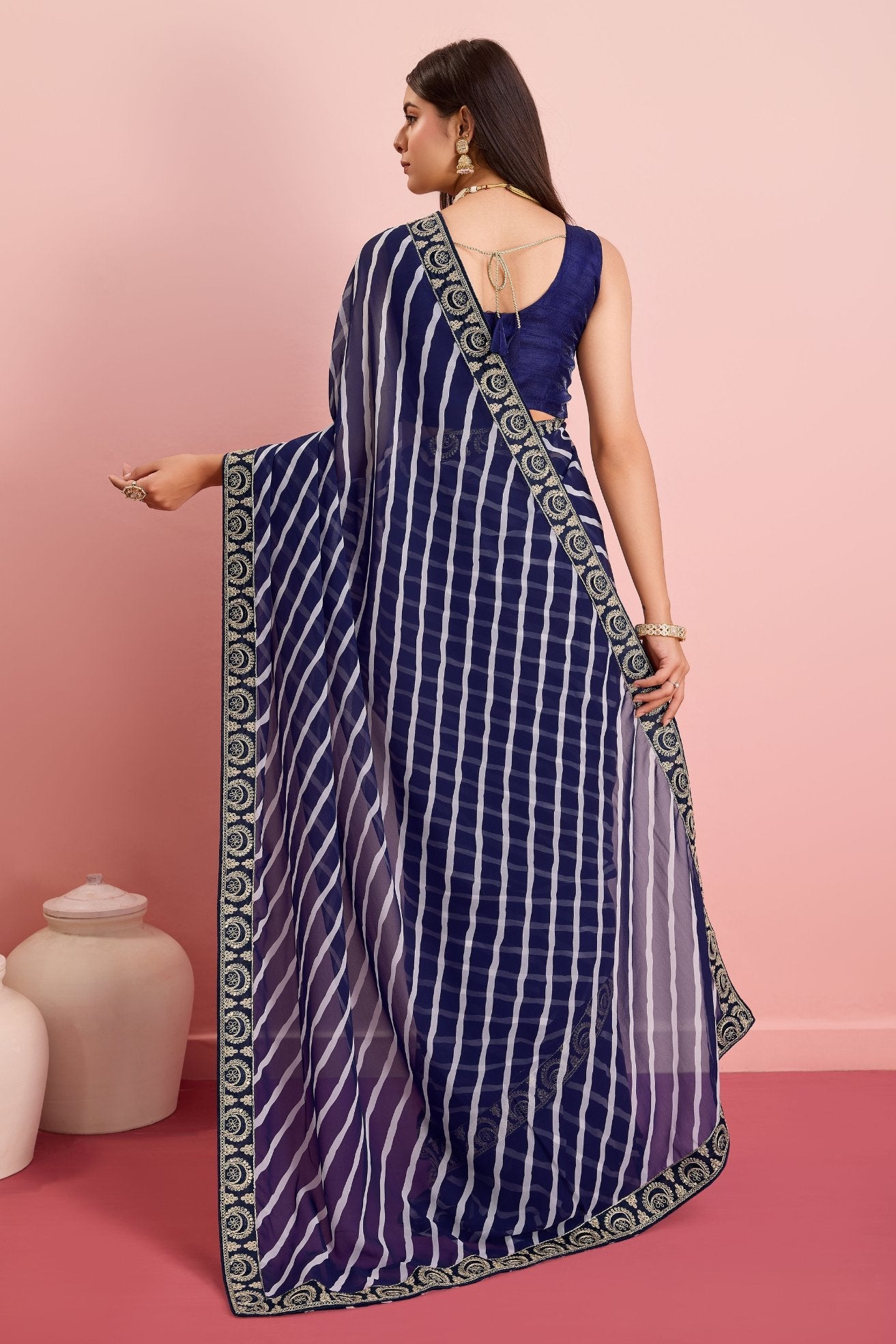 Port Gore Blue Georgette Lehriya Silk saree