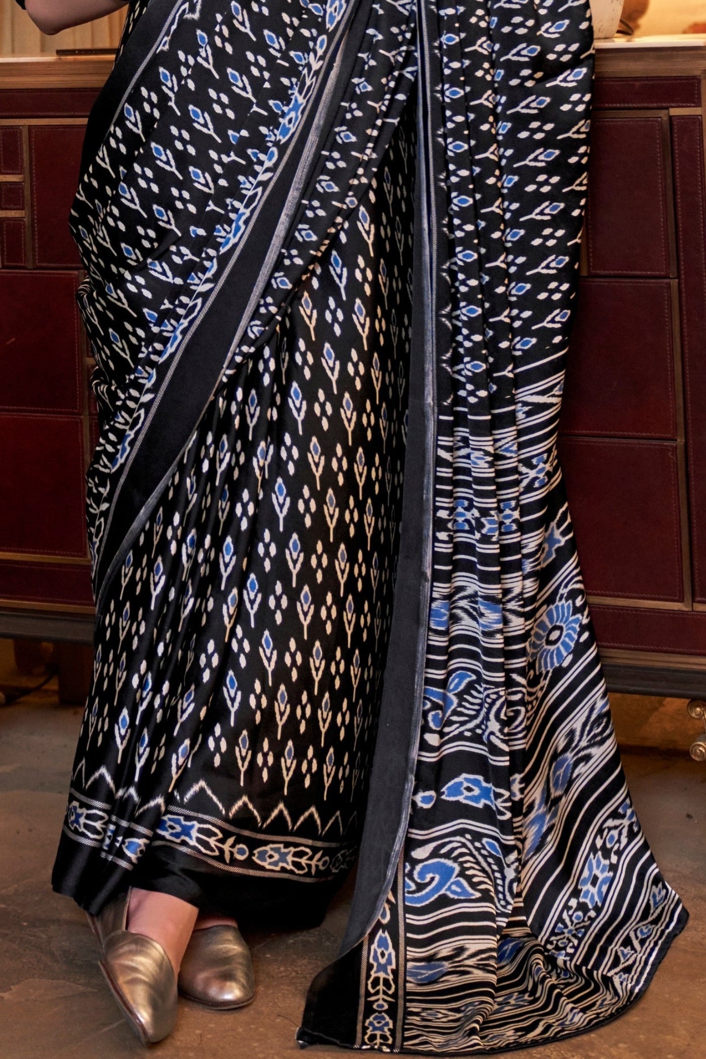 Spider Black Patola Printed Satin Crepe Saree