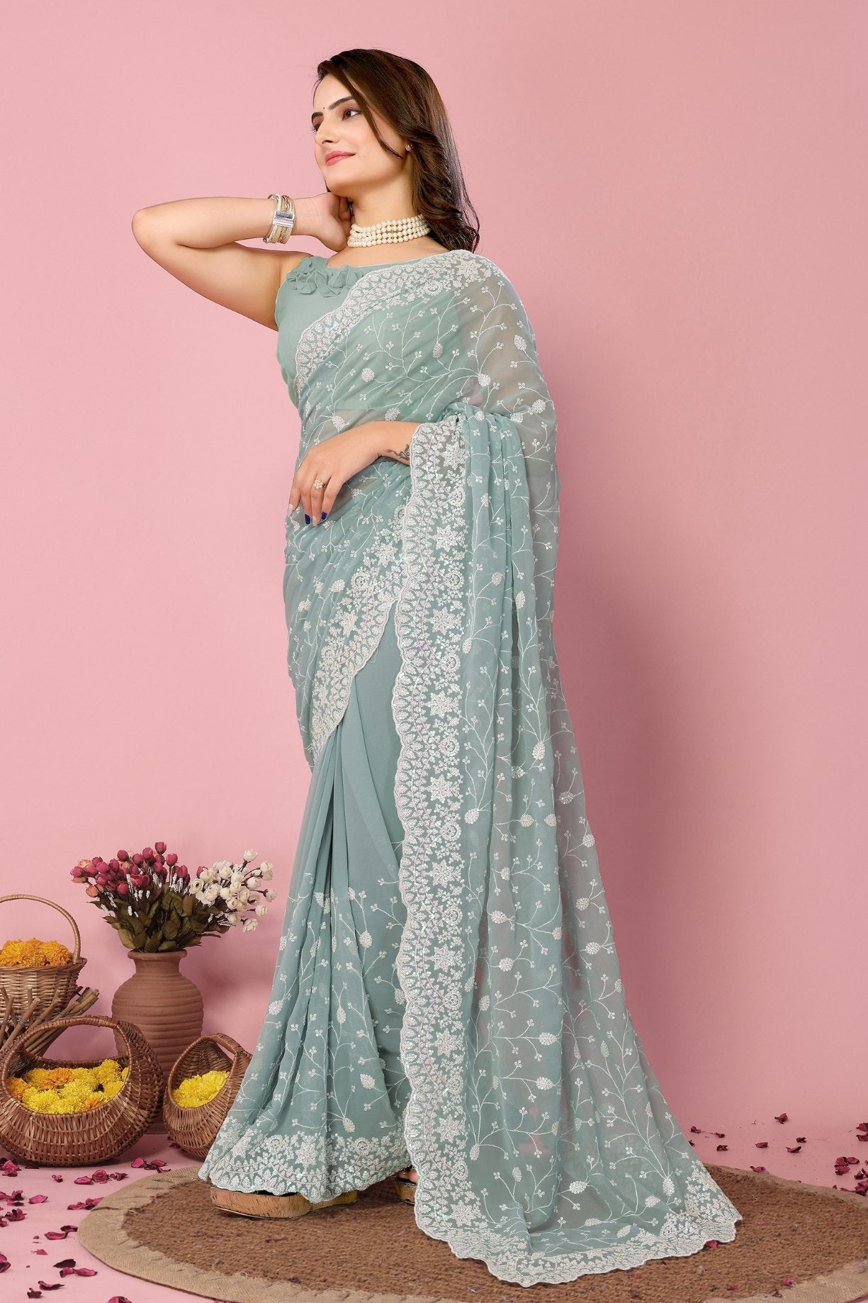 Granny Smith Green Georgette Embroidered Silk Saree