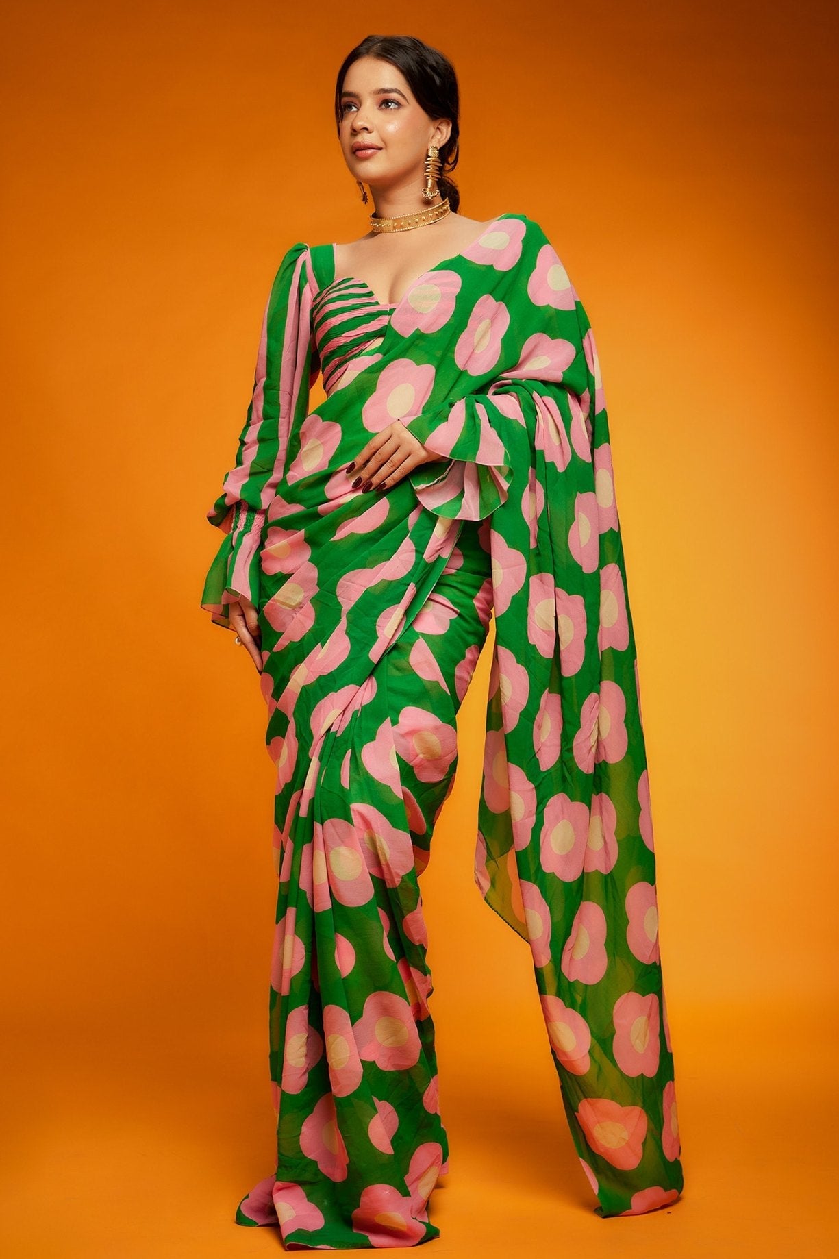 Chateau Green Digital Printed Satin Silk Saree