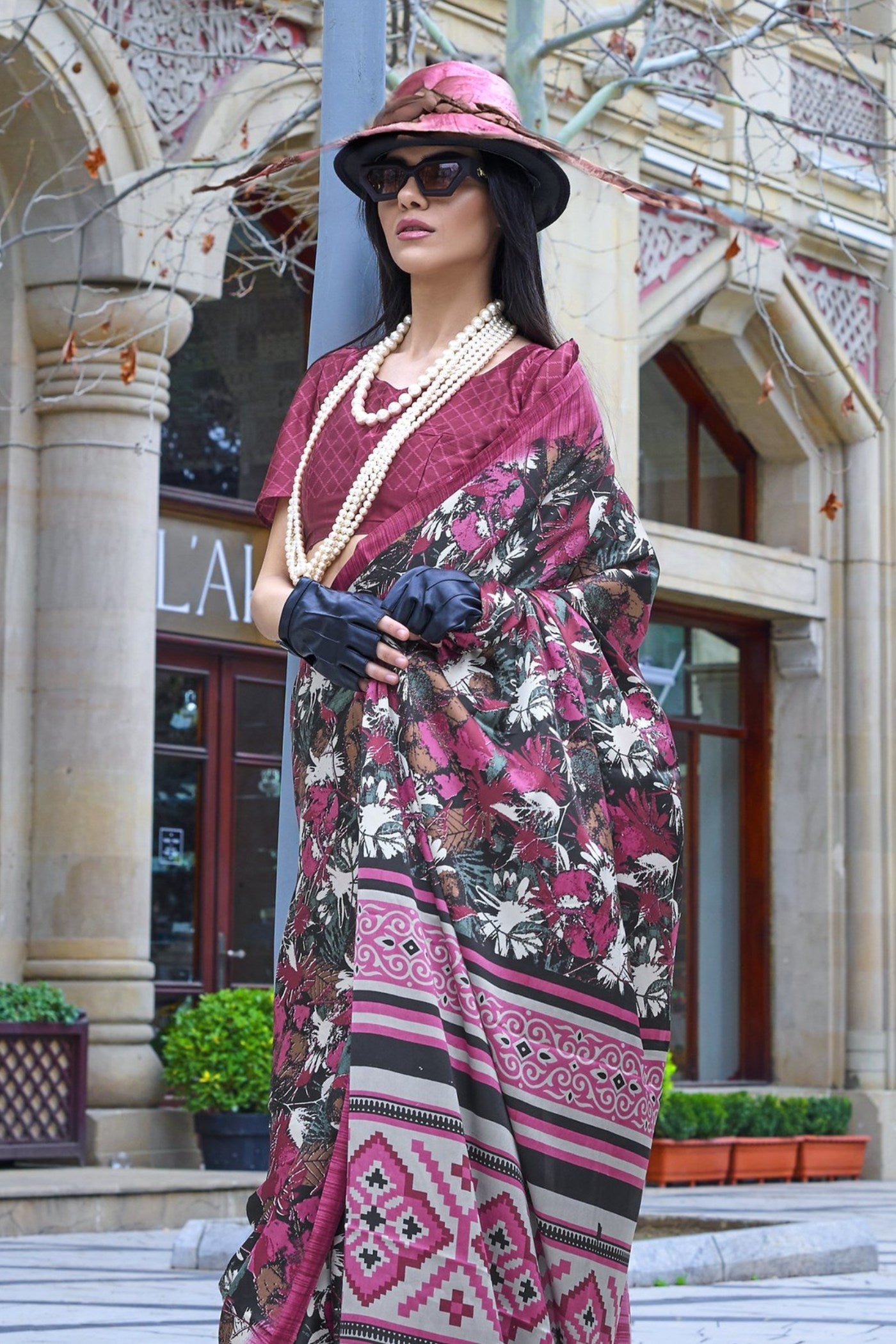 Berry Pink and Brown Printed Satin Crepe Silk Saree