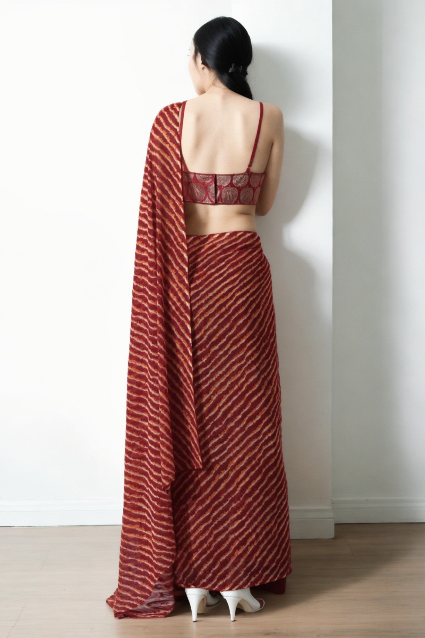 Mocca Maroon Marbel Chiffon Ready To Wear Saree