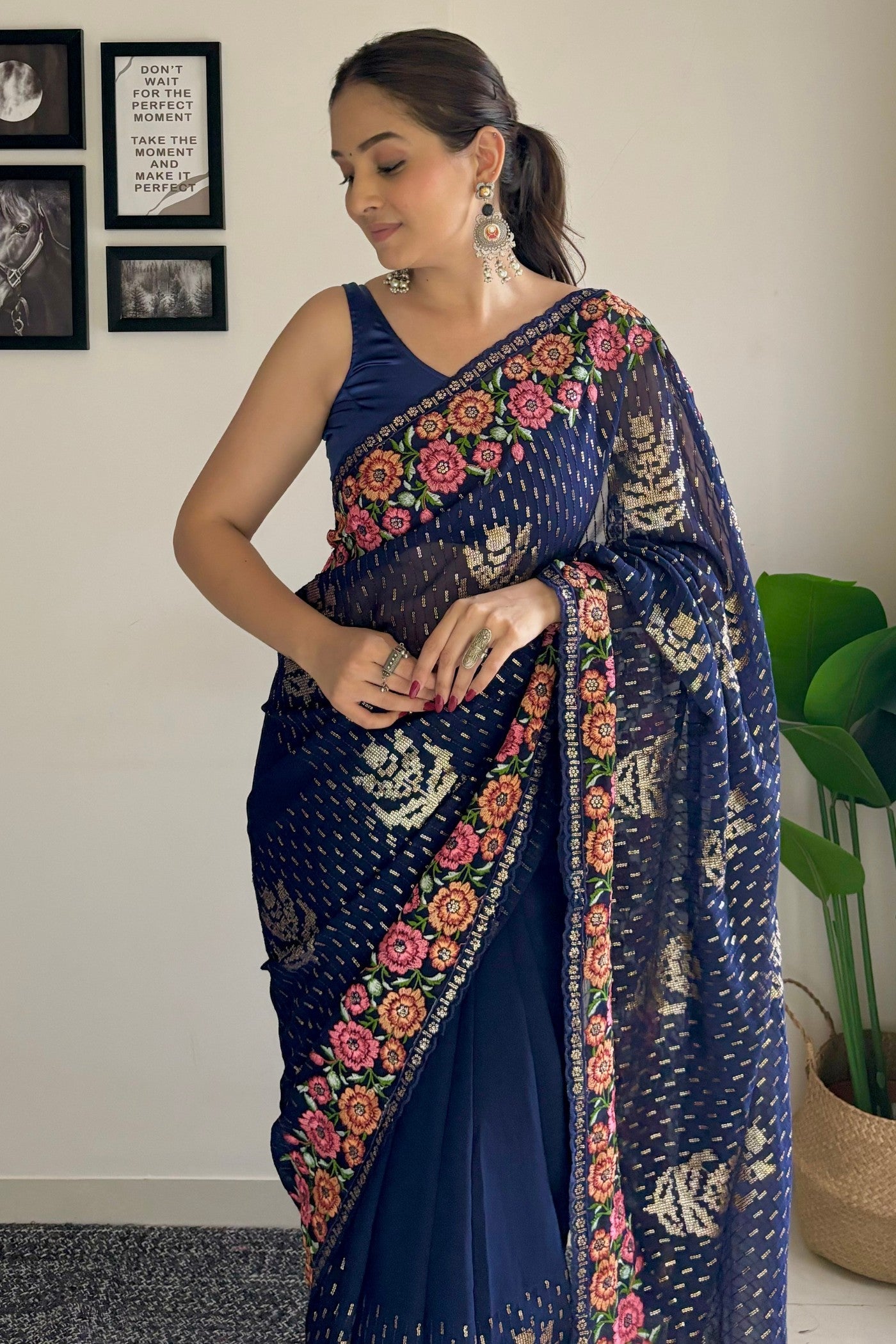 Navy Blue Embroidery Designer Georgette Saree