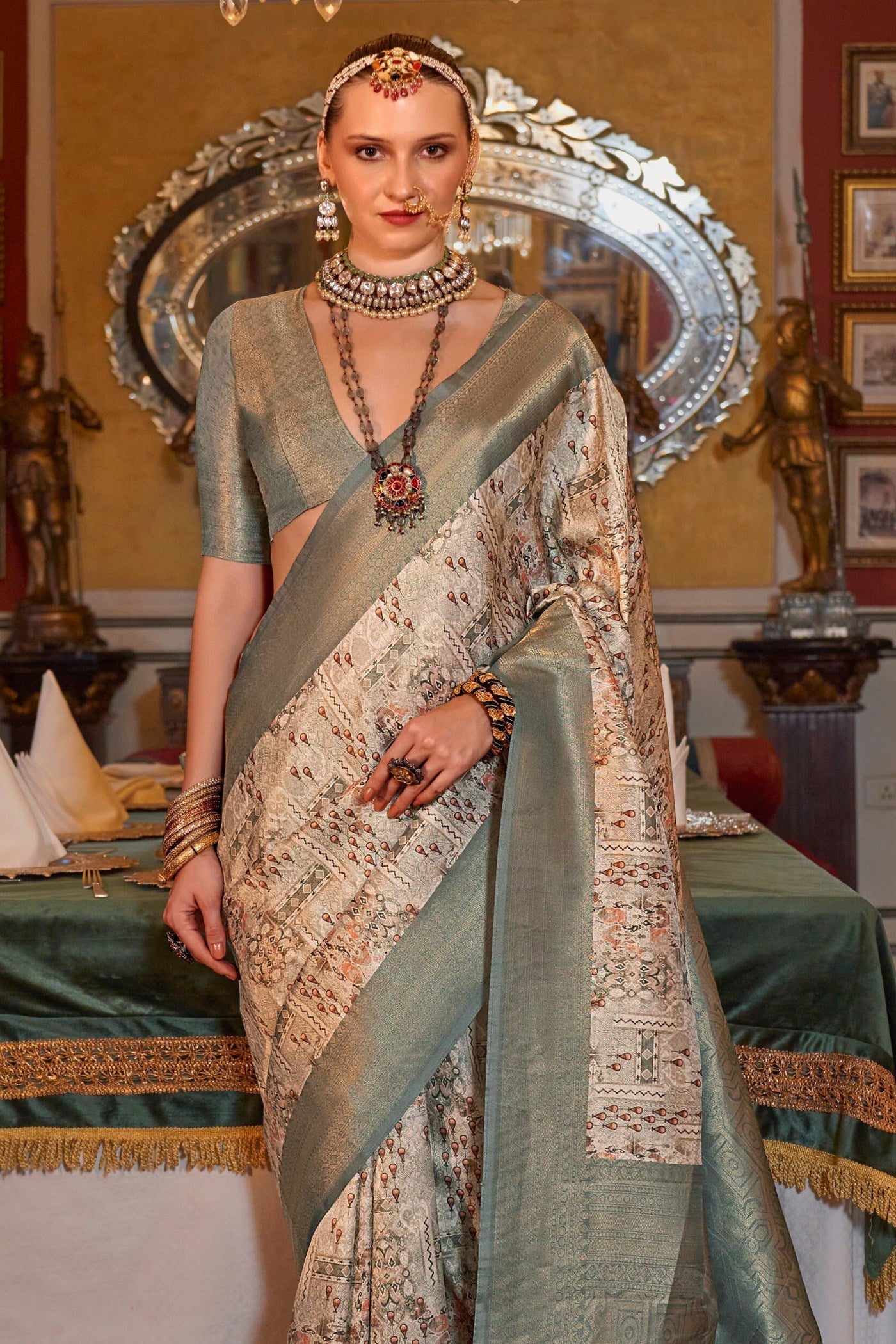 Locust Cream and Green Banarasi Digital Printed Saree