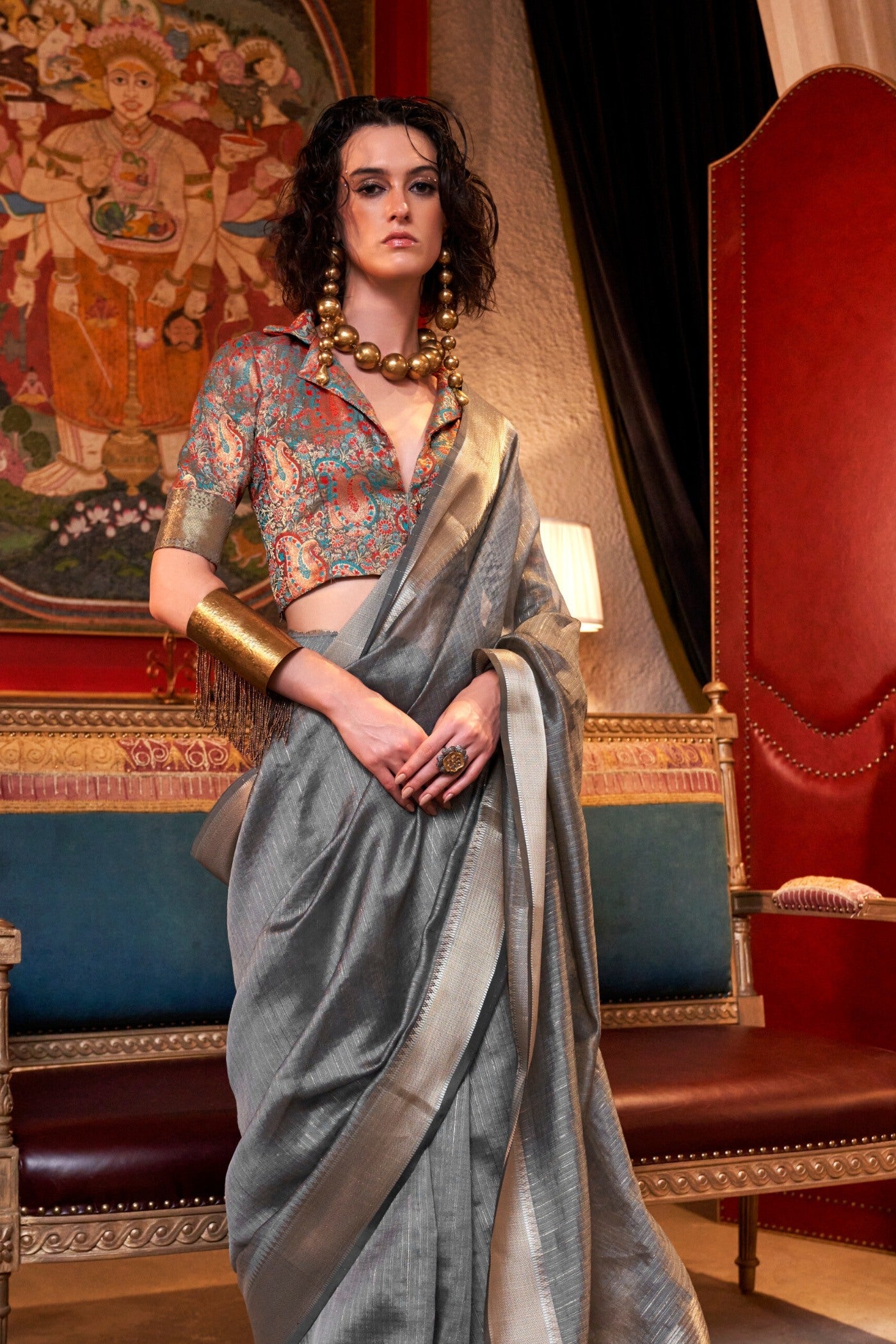 Old Grey Chiffon Silk Saree