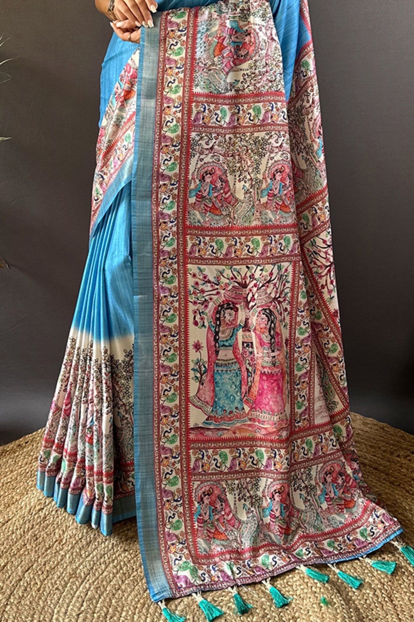 Picton Blue Madhubani Printed Tussar Silk Saree