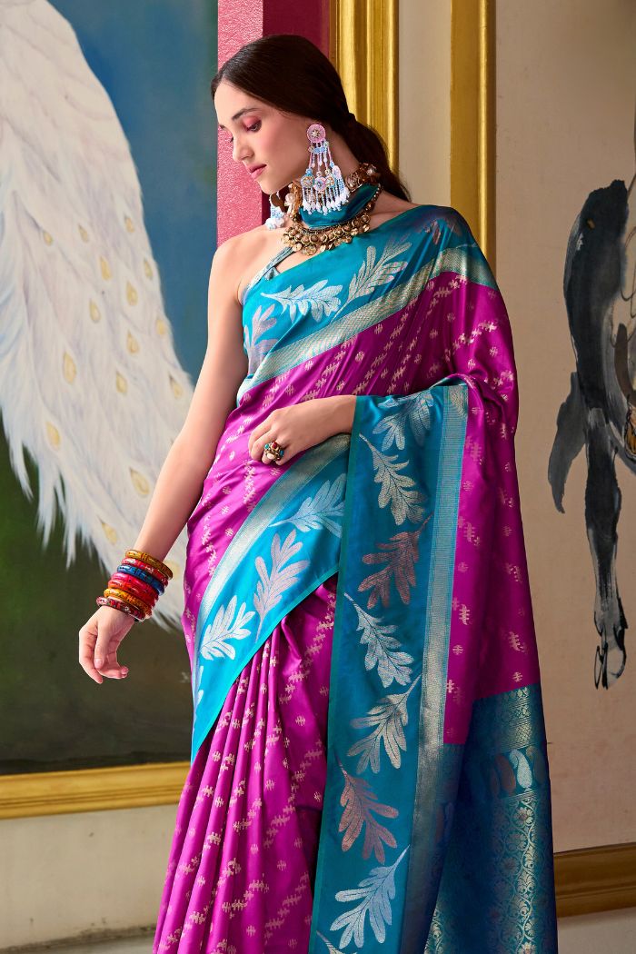 Mulberry Purple and Blue Banarasi Soft Silk Saree