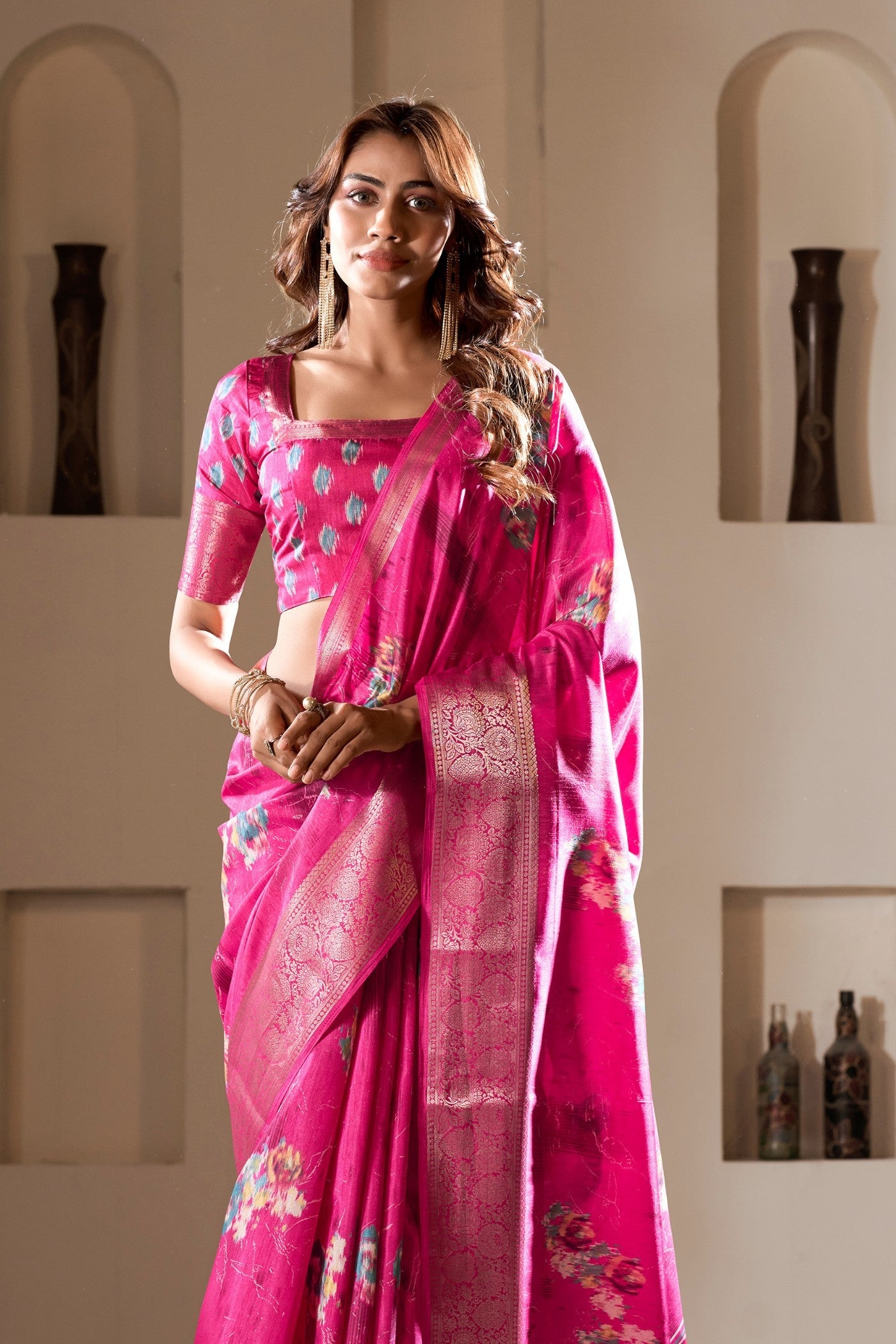 Cherry Pink Printed Soft Dola Silk Saree